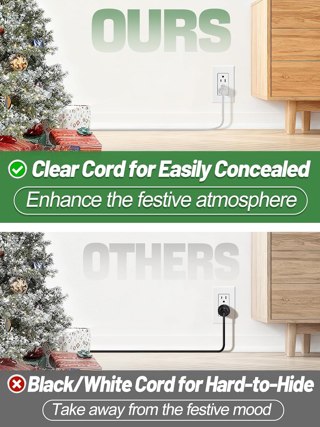 6ft Clear Extension Cord - Male to Female Invisible Indoor Thin 3 Prong Power Cable for Christmas Light Extension Cord, UL-Certified (2 x 18 AWG 250V 6A)