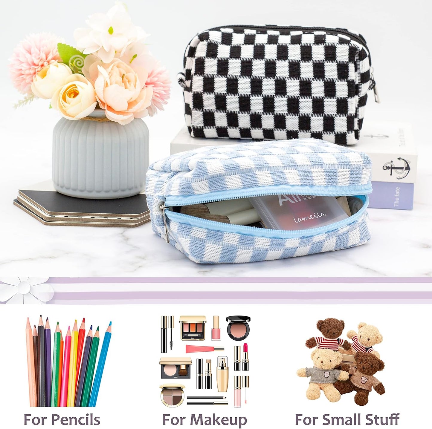 PAZIMIIK Checkered Makeup Bag for Purse Portable Zipper Make Up Pouch Small Cosmetic Case for Travel Accessories (6PCS Blue)