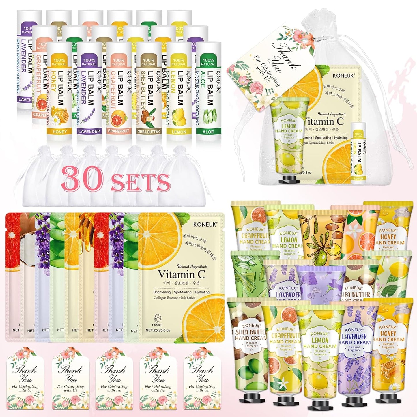 30 Pack Bulk Facial Mask, Bulk Hand Cream and Bulk Lip Balm Sets, Bridesmaid Gifts, Thank You Gifts, Bridal Shower Favors and Baby Shower Party Favors for Guests, Birthday Gifts, Small Gifts for Women