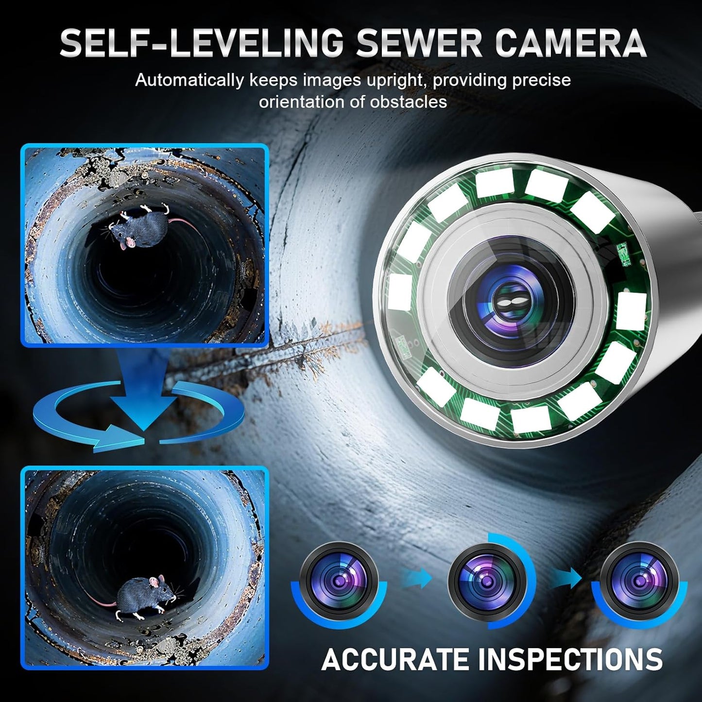 Sewer Camera, Self Leveling Drain Camera 66ft with Meter Counter, 9" HD Plumbing Cameras Snake with 12 LED Lights, 5100mAh Battery, IP68 & 32GB DVR Recorder, Duct Sewer Line Pipe Inspection