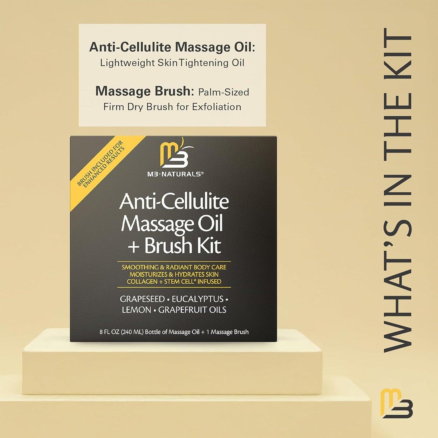 Anti Cellulite Massage Oil and Firm Dry Brush Kit | Collagen & Stem Cell Skin Tightening Kit | Radiant Body Care Kit for Women by M3 Naturals