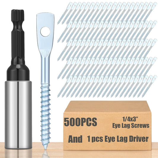 500 Pcs Eye Lag Screws and 1 Pcs Driver Set, 1/4 Inch x 3 Inch Eye Lag Wood Screws Zinc Plated 2-5/8 Inch Quick Install Bit Kit for Use with Attaching Hanger Wire to Ceiling Joists