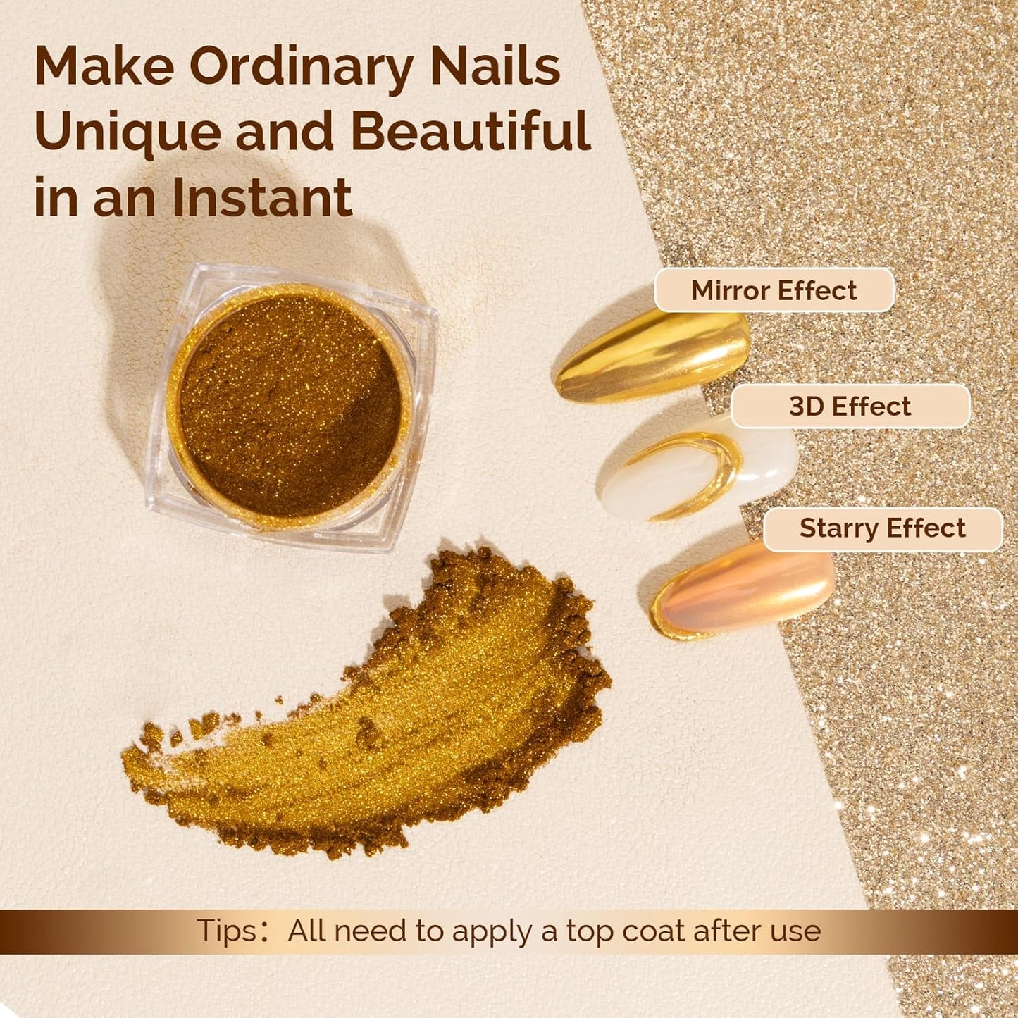MelodySusie Gold Chrome Nail Powder for Gel Nails,Metallic Mirror Effect Pigment Stylish and Technological Fine Glitter for Home DIY Salon Use