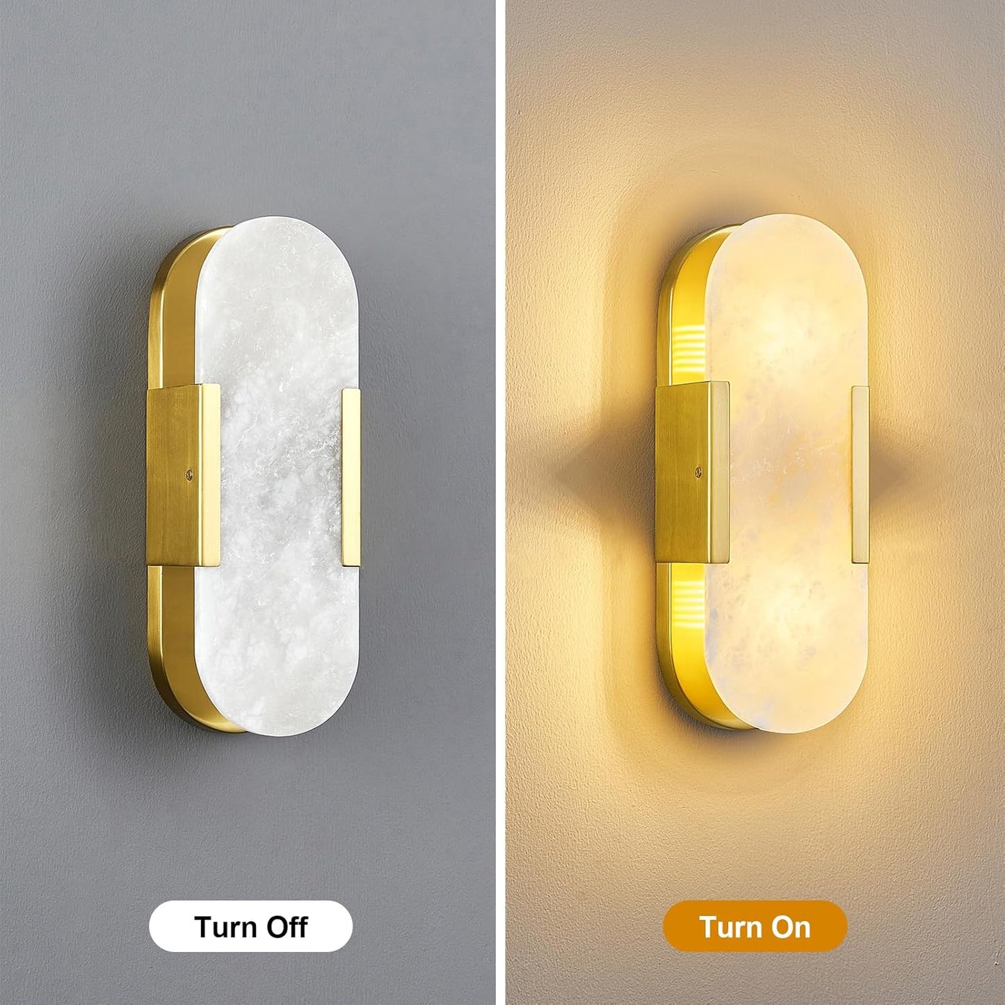 Brass Alabaster Wall Sconces Set of Two, Modern Natural Marble Wall Sconces for Indoor Lighting, 13.8 in Gold Wall Lights for Bathroom Dining Room Stairs Bedroom