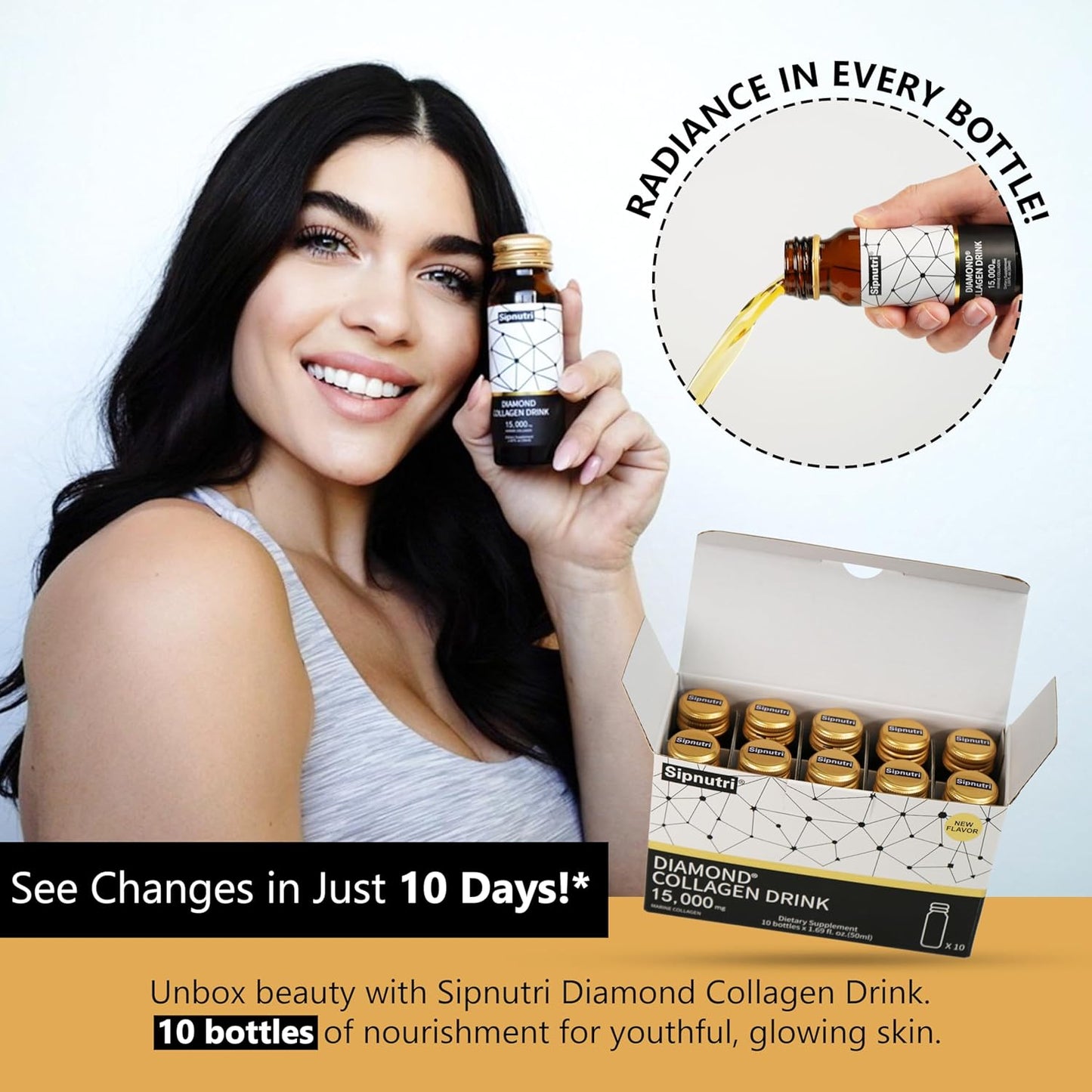 Diamond Liquid Collagen Drink, 15000 mg Hydrolyzed Marine Collagen Peptides with Vitamin C, Pomegranate, Healthy Hair Skin Nails Joints Bones Support, 50 ml x 10 Bottles