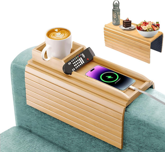 Adjustable Bamboo Couch Cup Holder (Fits 4.5” to 14” Arms) - Foldable Non-Slip Bamboo Sofa Armrest Tray - Detachable Sofa Arm Tray Couch Caddy with Cup Holder for Drinks, Phone, Remote, Snacks