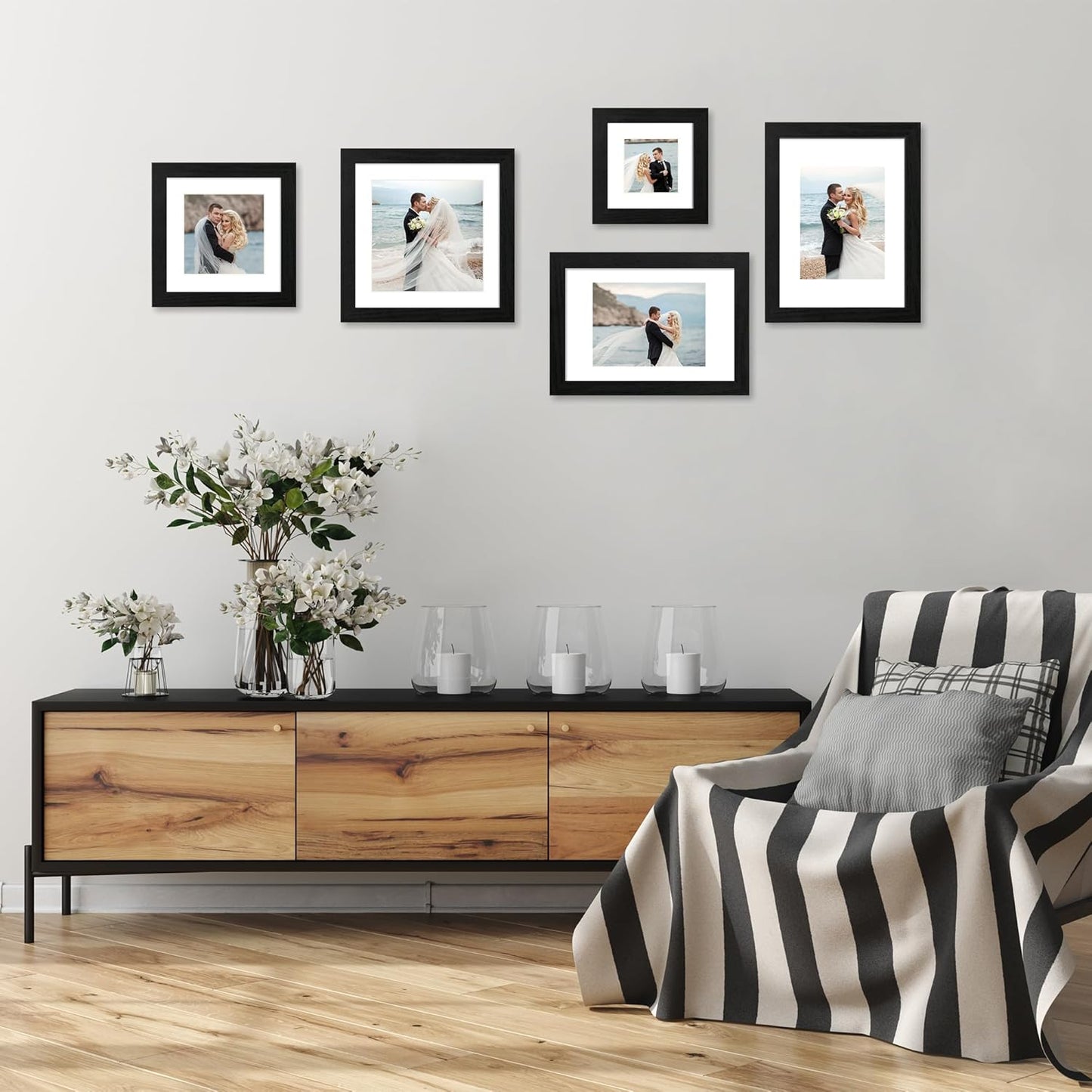 iRahmen 8x12 Picture Frame Set of 4 with HD Glass, Black Frame Display 6x8 Picture with Mat or 8 x 12 Without Mat, Wood Rustic Photo Frame for Tabletop and Wall Mounting