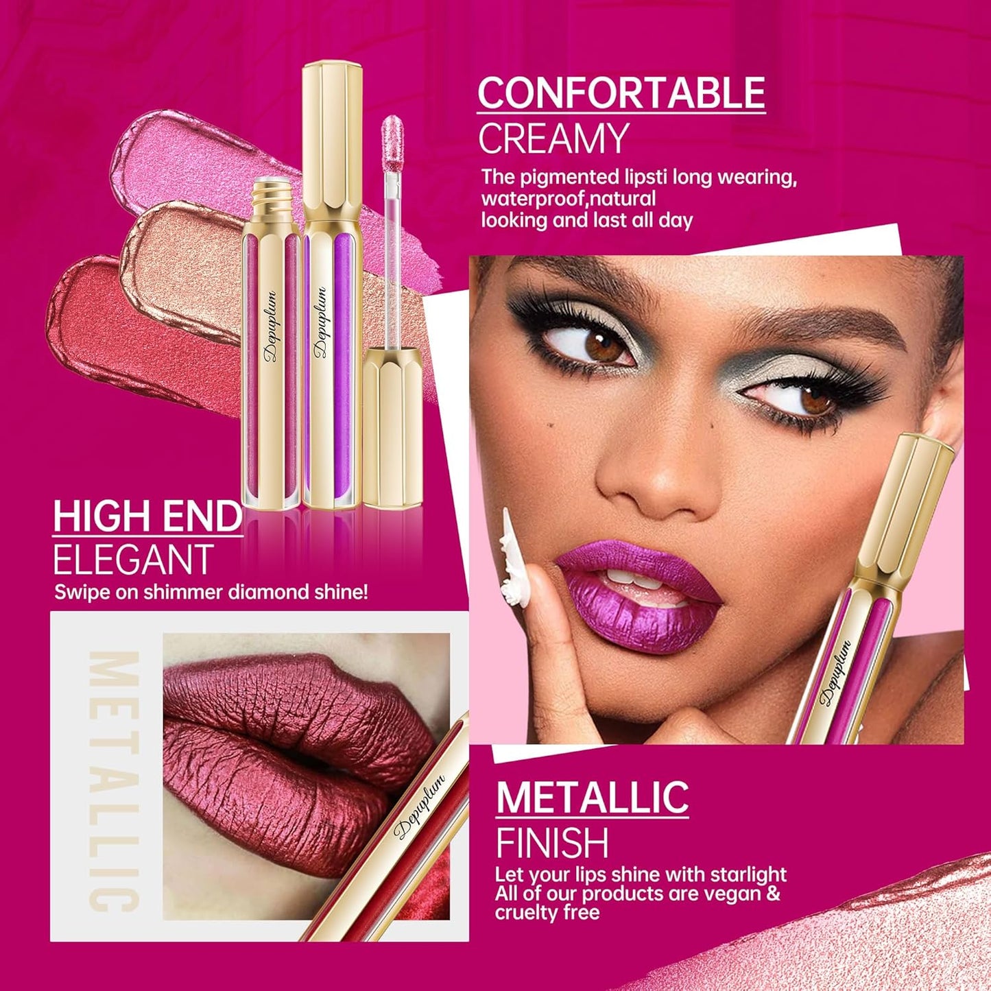 Silver Lipsticks for Women Metallic Lipstick Long Lasting Non Stick Cup Lip Gloss, Shimmer Lightweight Hydrating Full Coverage Lip Color, DP110 Moonlight