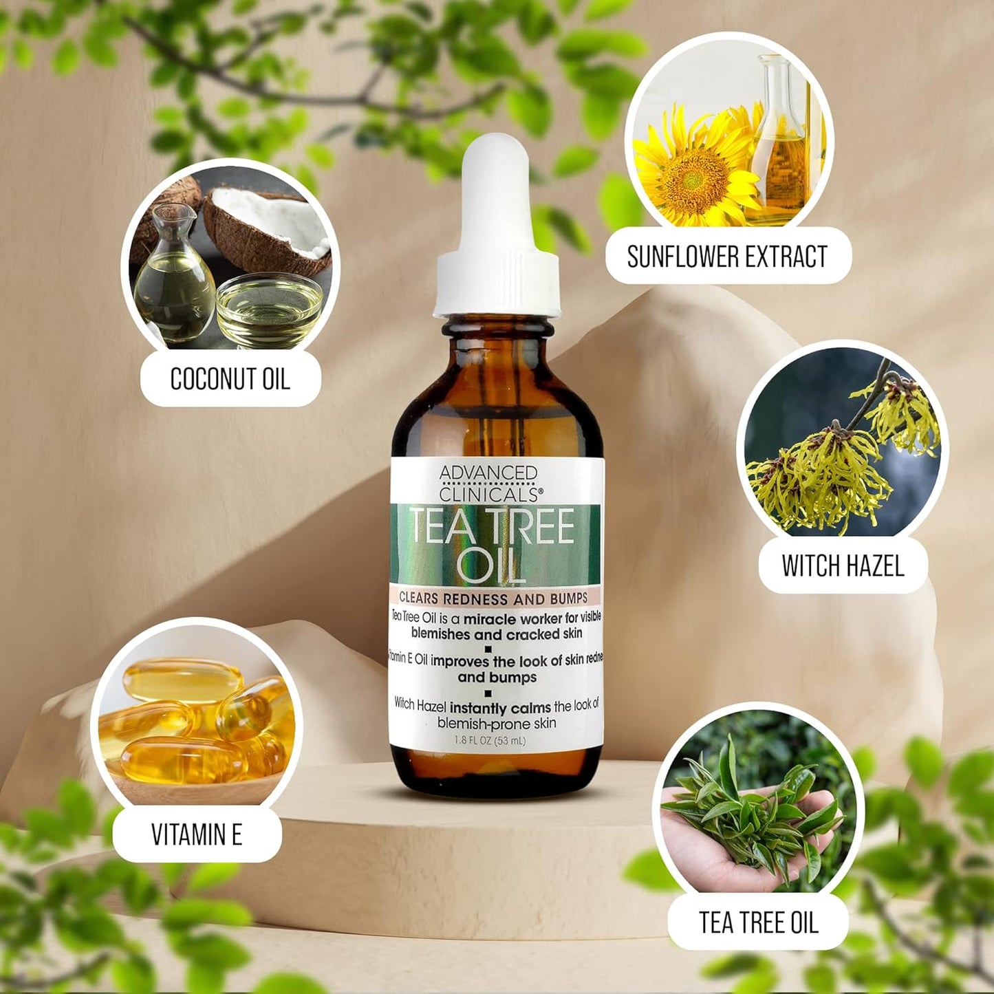 Advanced Clinicals Tea Tree Oil For Skin | Acne Patch Vegan Facial Serum | Targets Redness, Bumps, Acne Scars | Vegan 100% Organic Pure Tea Tree Oil For Face W/Vitamin E & Witch Hazel, 1.8 Fl Oz