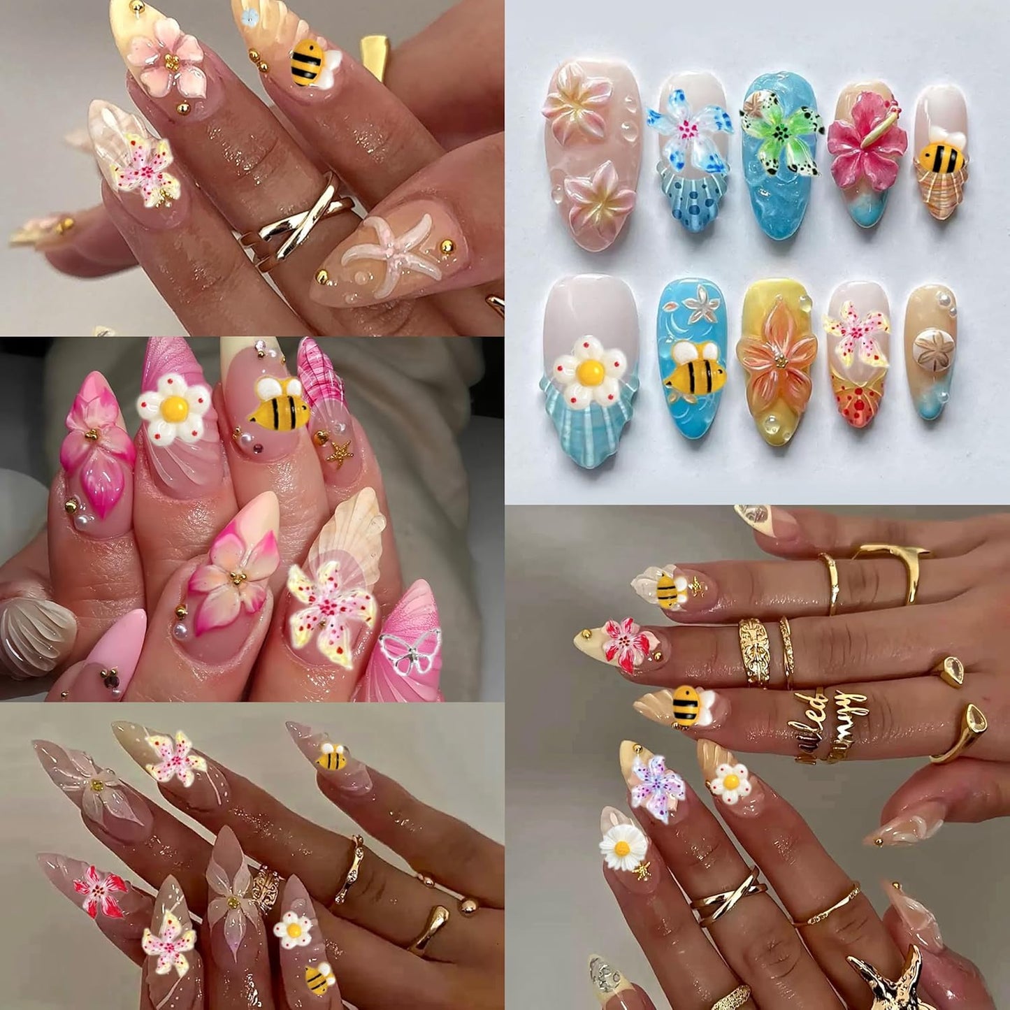Flowers Nail Charms and Gems, Cute 3D Bee Daisy Hawaii Flowers Nail Art Charms for Acrylic Nails, Gold Silver Butterfly Nail Rhinestone and Charms,White Flatback Pearl Nail Charms Manicure DIY Crafts