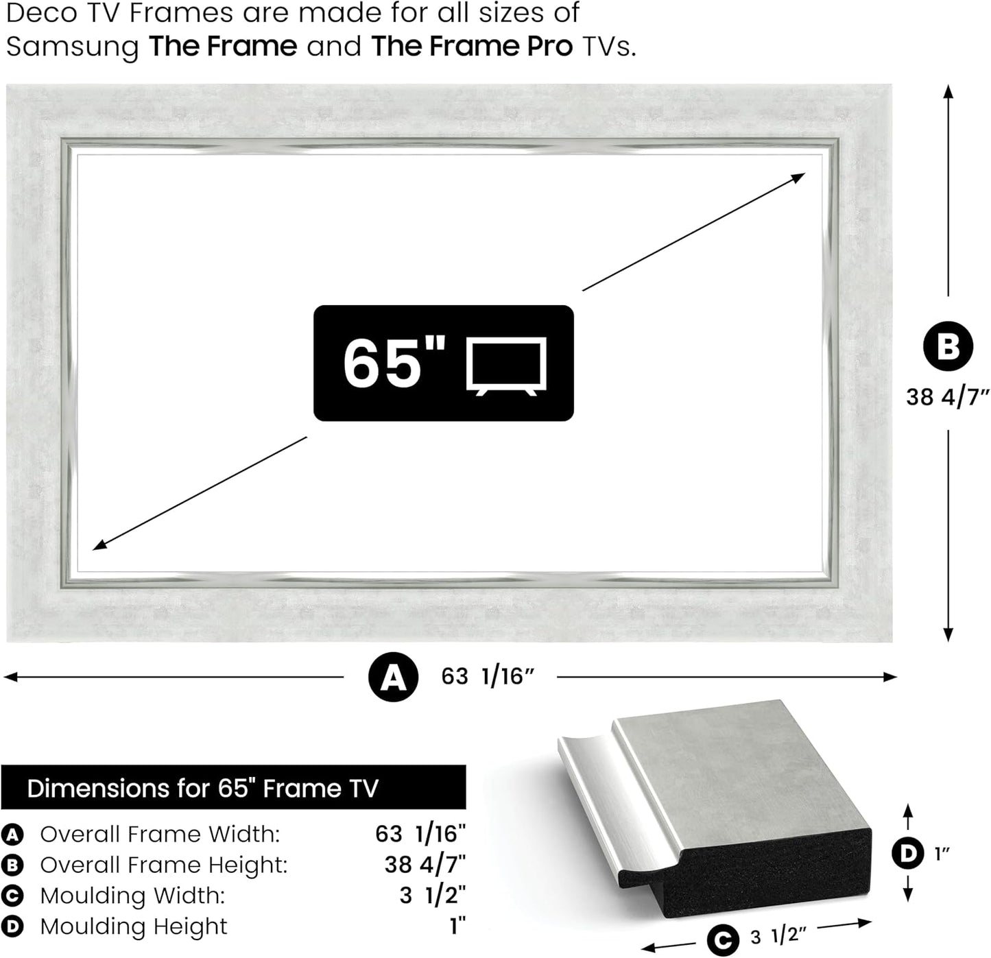Contemporary Silver 65" Premiere Deco TV Frame - Compatible ONLY with Samsung The Frame TV and Pro TVs (Fits 2021-2025, LS03A, LS03B,LS03C,LS03D,LS03FA,LS03FW)