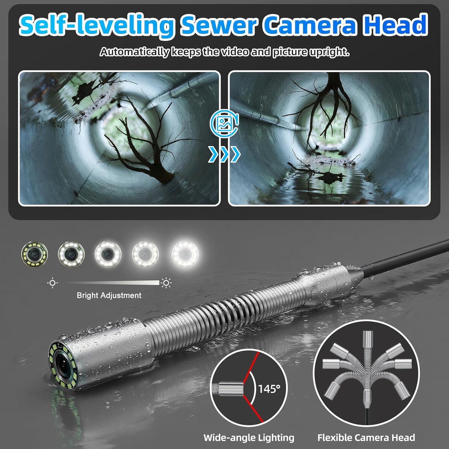 Sanyipace Sewer Camera 165FT/50M with 512Hz Transmitter, Self-Leveling, Distance Counter, Plumbing Inspection Camera with Microphone Speaker Audio Video Record, 32GB TF Card, Pipe Pulley (7mm Cable)