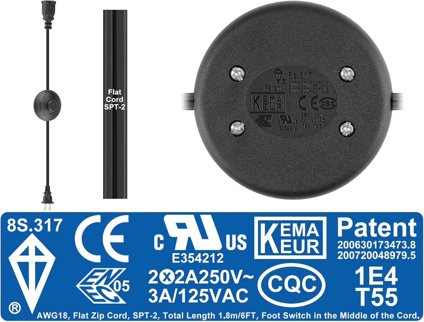 On Off Extension Cord Foot Switch 6ft with 2 Prong Outlet Polarized Plug AWG18 3A 250VAC for Floor Lamp Christmas Tree Light