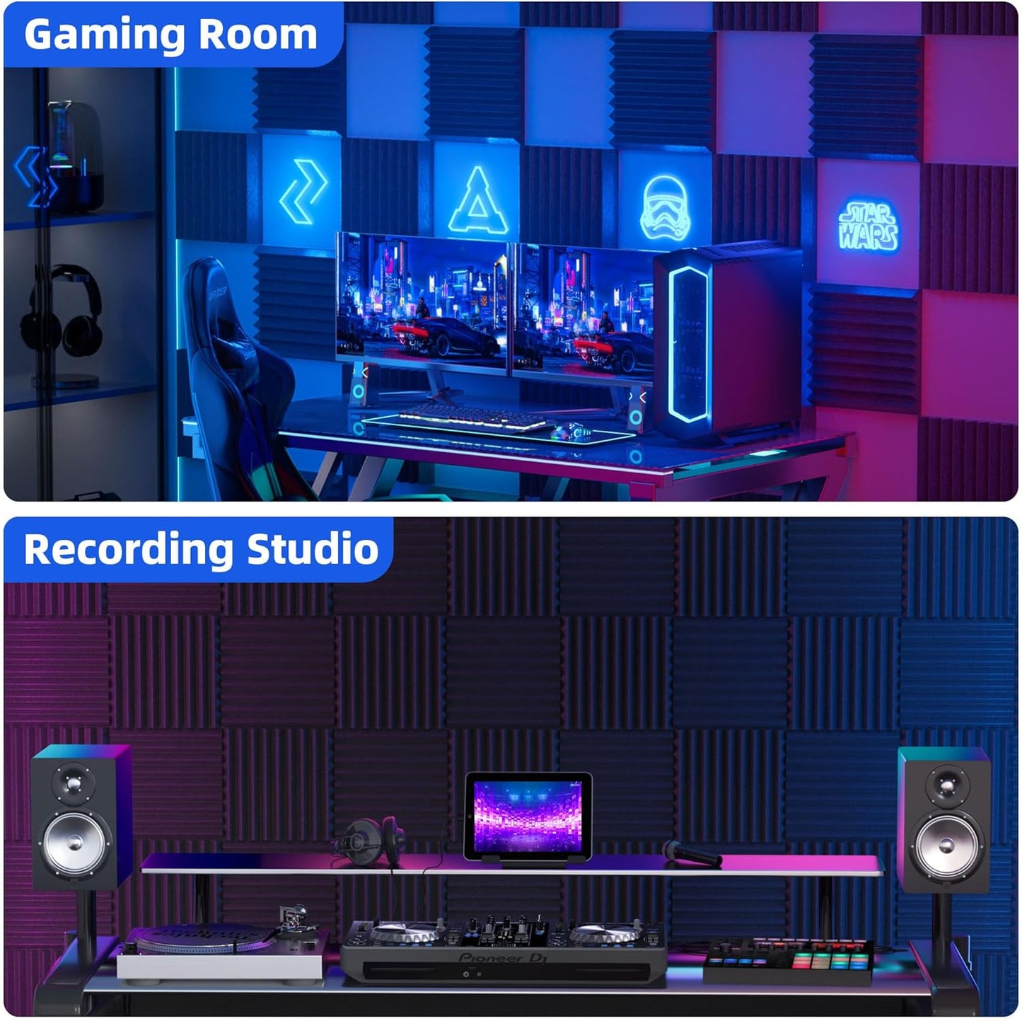 36 Pack Sound Proof Foam Panels for Wall with Self Adhesive, 2" X 12" X 12" High Density Acoustic Panels Sound Absorbing Quick-Recovery, Wedges Soundproof Wall Panels for Gaming & Studio Decor - Black