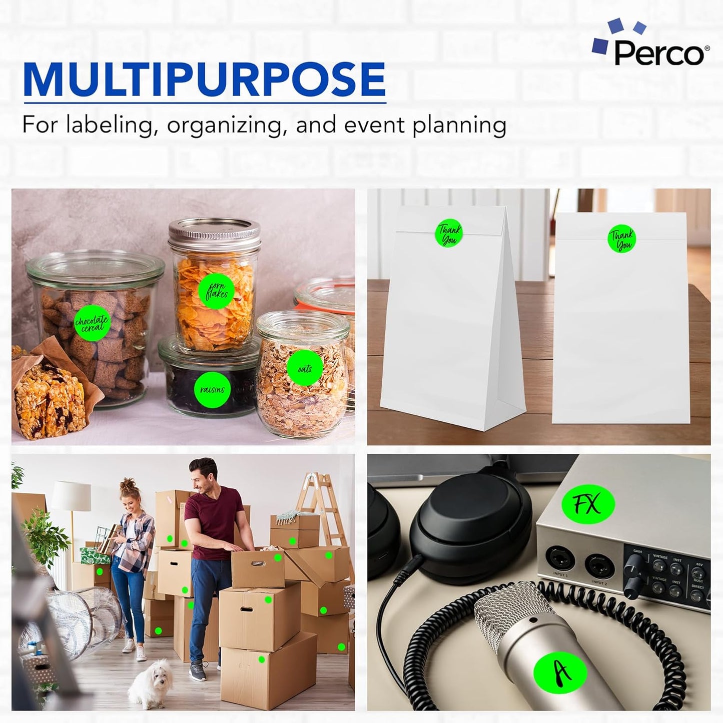 Perco Fluorescent Green 2-Inch Perforated Circle Dot Sticker Labels — 250 Round Stickers Per Roll — with Permanent Adhesive for Organizing, Color Coding, Bin Labeling, Packaging Alerts — Made in USA