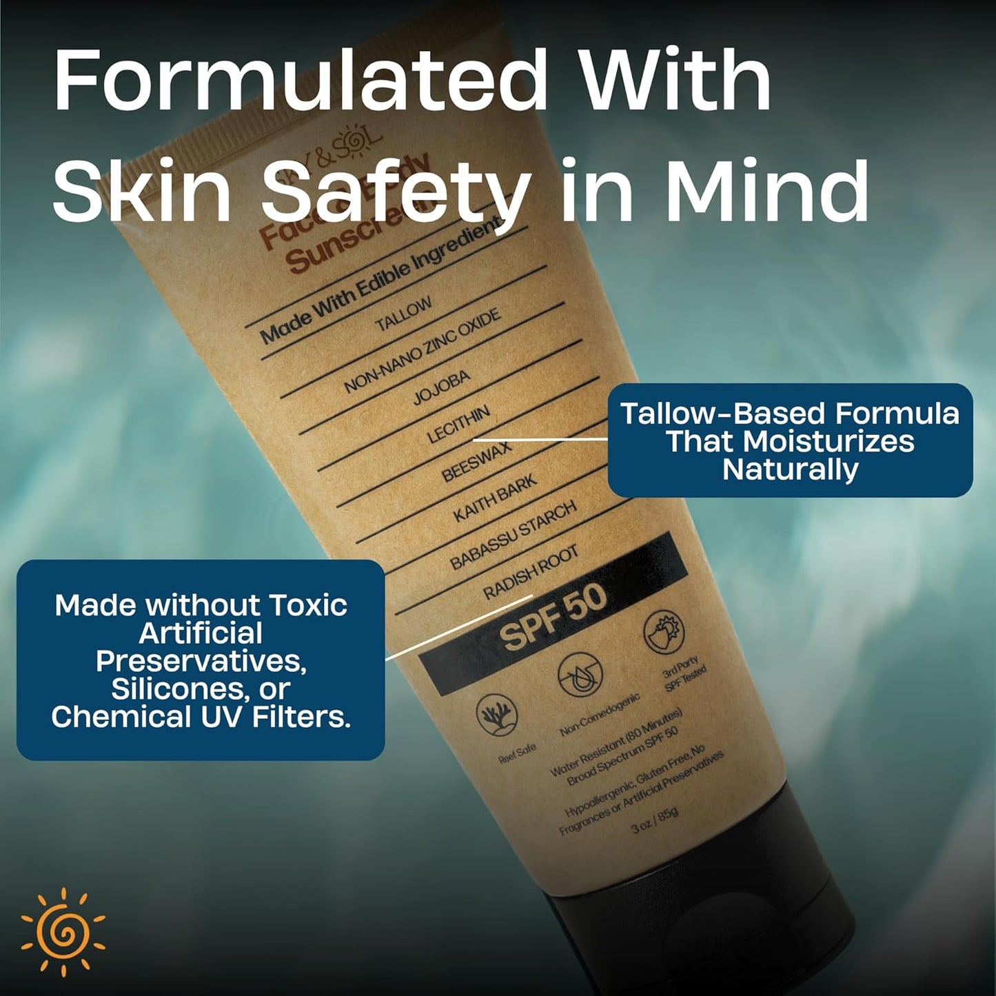 Mineral Sunscreen SPF 50 | With Grass-Fed Tallow & Zinc Oxide | Non-Greasy Formula for Face & Body | Made Without Reef-Harming UV Filters | 3 oz (85 g)