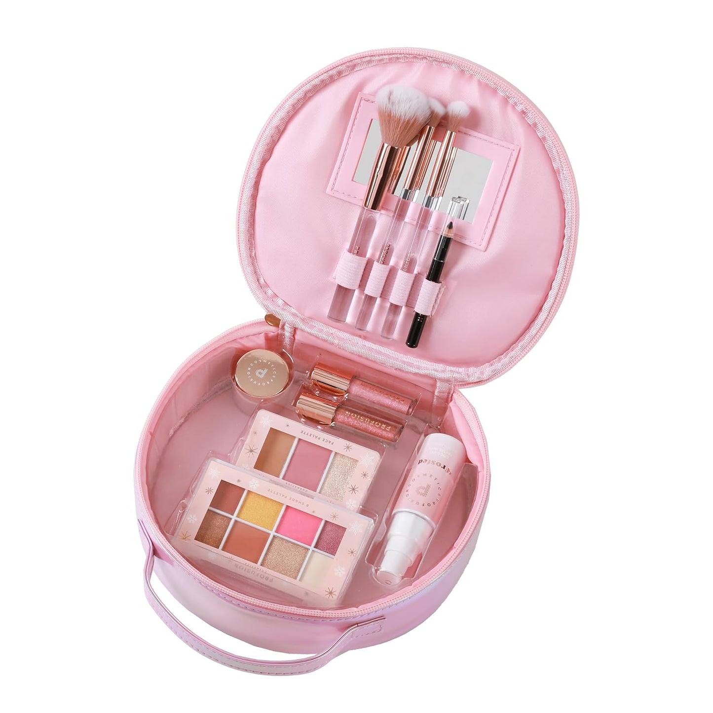 Profusion Cosmetics Frosted Snow Sparkle 19 PC Beauty Box, 1Pc Gorgeous Travel Bag, Eyeliner Pencil, Lip Gloss, Face Mist, 2Pc Lip Mask, 3 Pc Makeup Brushes and 3 Shade Face Palette, 8 Shade Palette