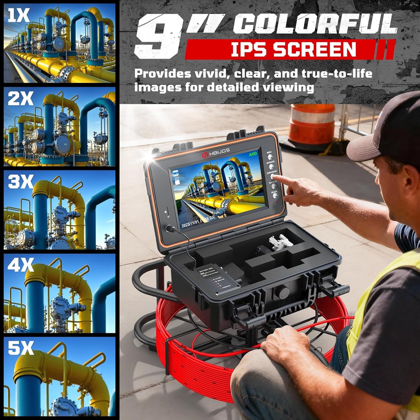 Sewer Camera 100ft, Self Leveling Drain Camera with Meter Counter, 7mm Thick Cable, 9" HD Screen 1080P Plumbing Cameras Snake with Light, 5100mAh Battery Duct Pipe Video Inspection Cam DVR 32GB