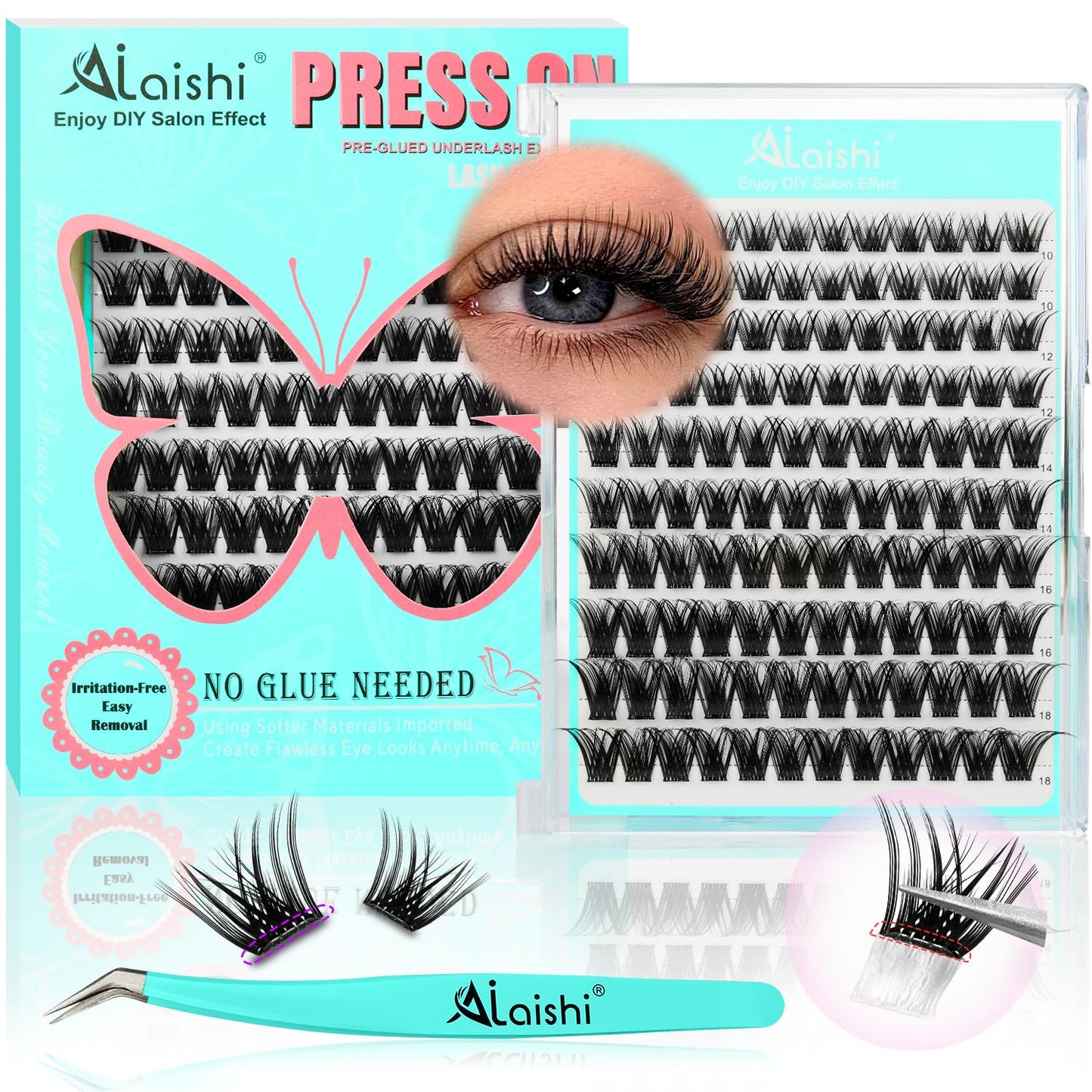 No Glue Needed Lashes, Self Adhesive Eyelashes, DIY Lash Cluster Extensions Kit 10‑18mm,120pcs Fluffy D Curl Soft Natural Lashes with Tweezers–Fake Cat Eye Wispy Individual Clusters 1-5-L