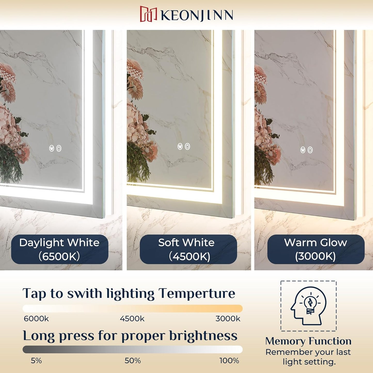 Keonjinn 60" x 36" LED Mirror for Bathroom, Frontlit & Backlit Mirror with Lights, HD Tempered Glass, Defogging, 3 Color Lights, Dimmable, UL-Listed LED Driver, Memory Function