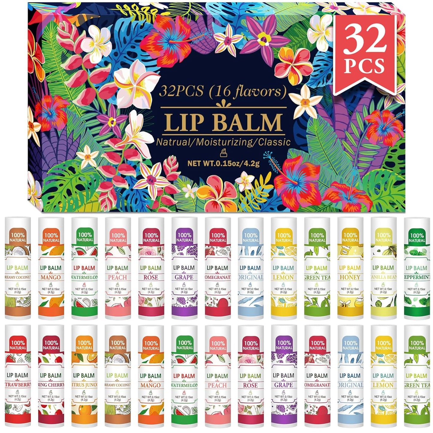 32 Pack Lip Balm, Natural Lip Balm Bulk with Vitamin E and Coconut Oil, Bulk Lip Balms for Dry Lips-16 Flavors