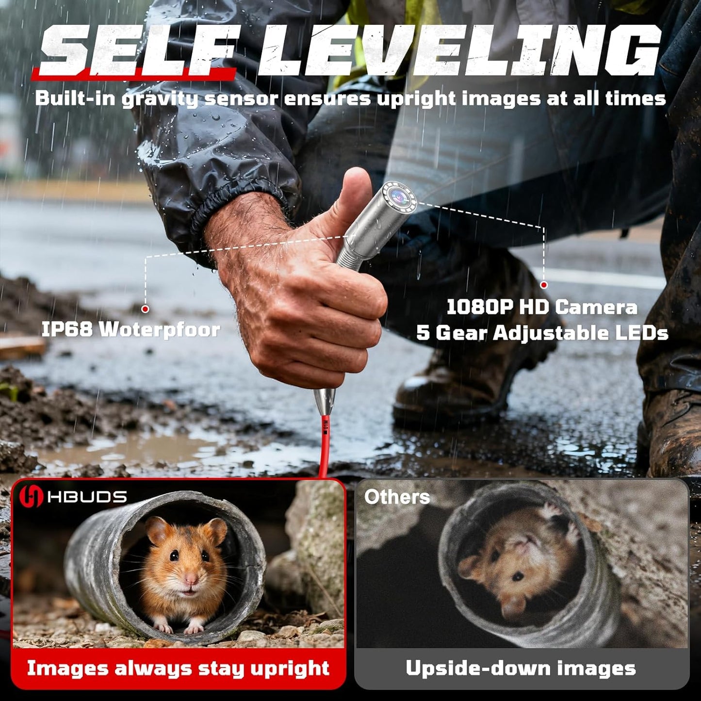 Sewer Camera, Self Leveling Drain Camera 230ft with Meter Counter, 7mm Thick Cable, 9" HD Screen 1080P Plumbing Cameras Snake with Light, 5100mAh Battery Duct Pipe Video Inspection Cam DVR 32GB