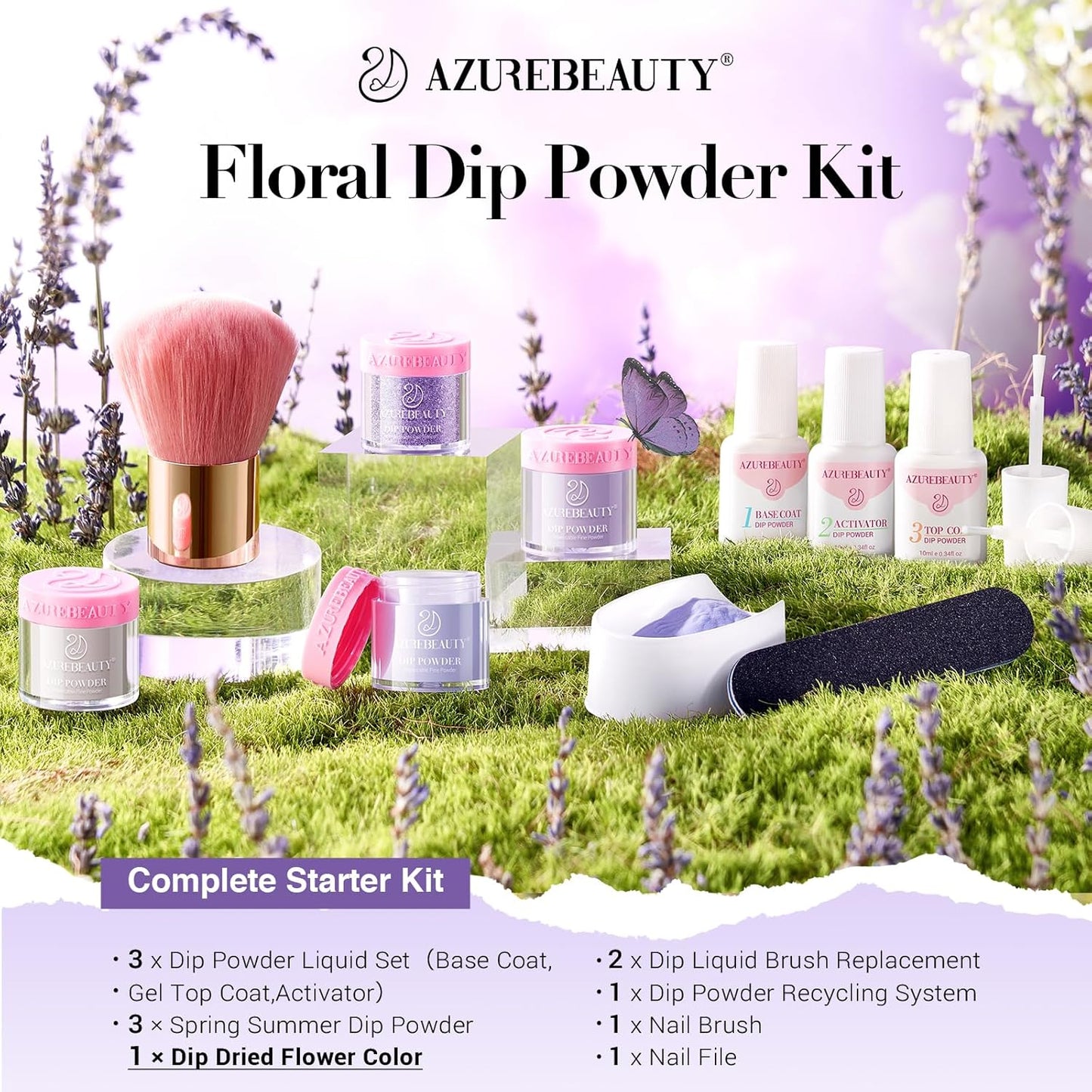 AZUREBEAUTY Purple Twilight Bloom Dip Powder Nail Kit Starter with Base, Top Coat, Activator, Spring Summer Dried Flowers for French Nails Art Manicure DIY Salon