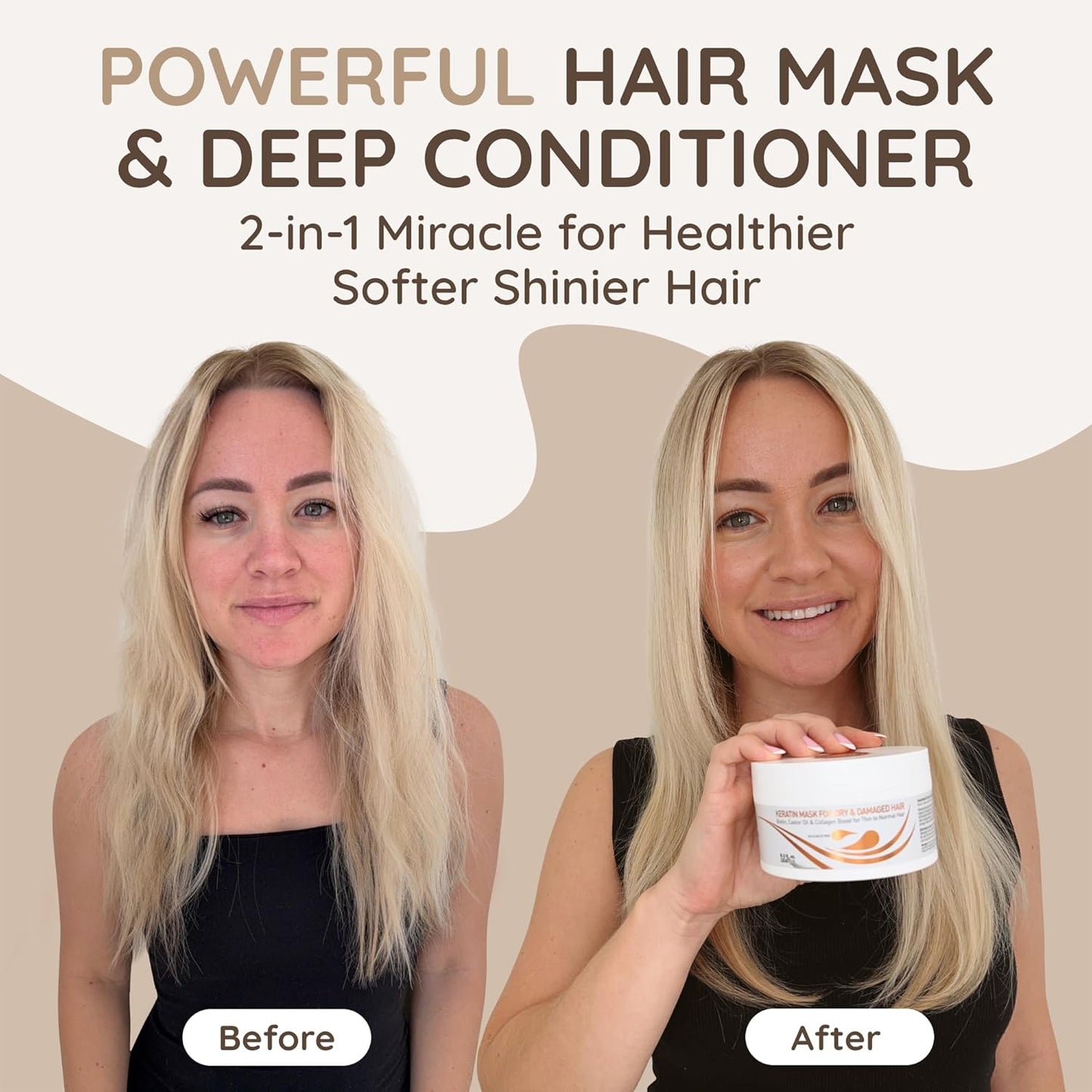 VITAMINS hair cosmetics Keratin Hair Mask - Protein Repair Keratin Treatment - Deep Conditioner for Dry, Damaged, Curly, Straight & Frizzy Hair with Biotin, Collagen & Castor Oil - 13.5 Fl Oz