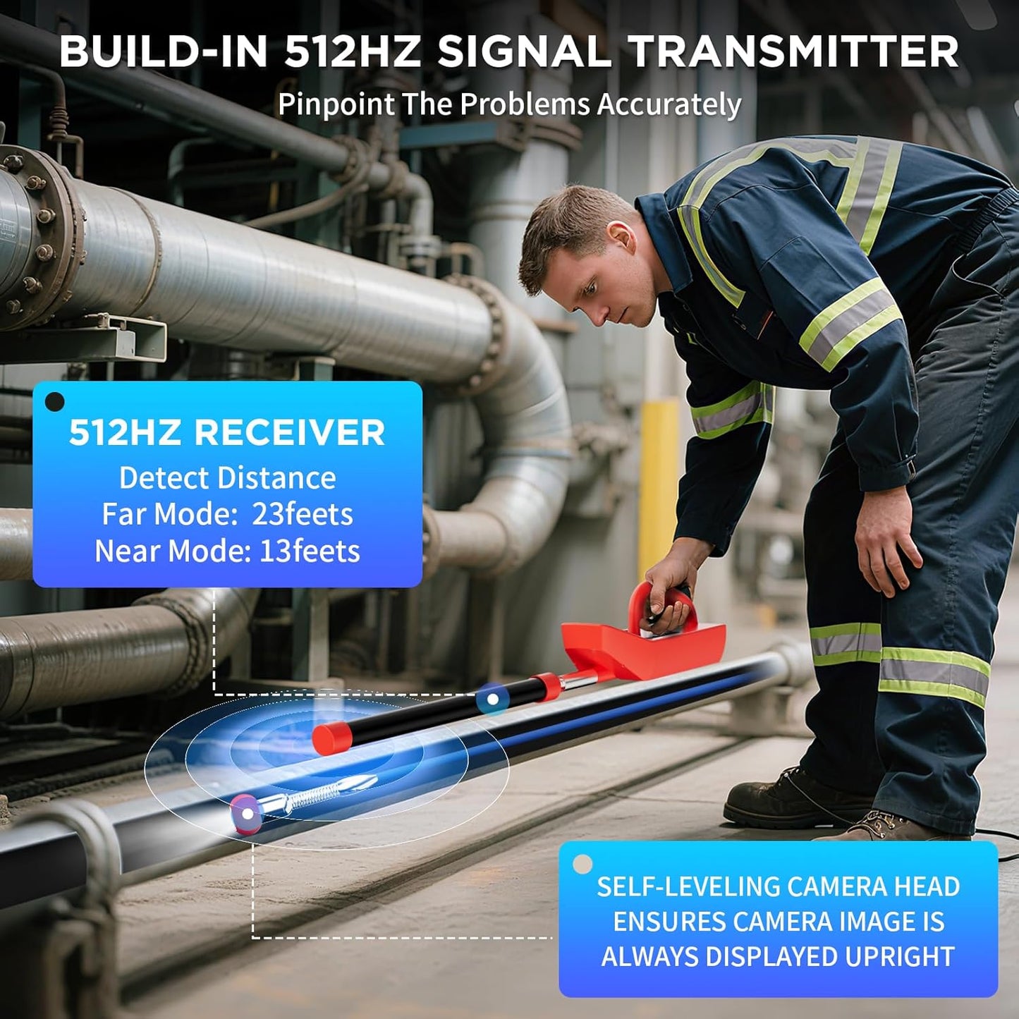 Okk Sewer Camera with Locator, Drain Camera 150ft, Pipe Inspection with 512Hz Sonde, Self-Leveling, Industrial Endoscope with DVR, 9" LCD, Meter Counter, 7mm Cable, IP68 Waterproof, 12 LEDs, 32GB Card