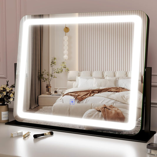 22x17 Inch Lighted Vanity Mirror with Dimmable LED Lights - 3 Color Modes, Smart Touch Control & 360° Rotating Base - Desk Makeup Mirror (Black)
