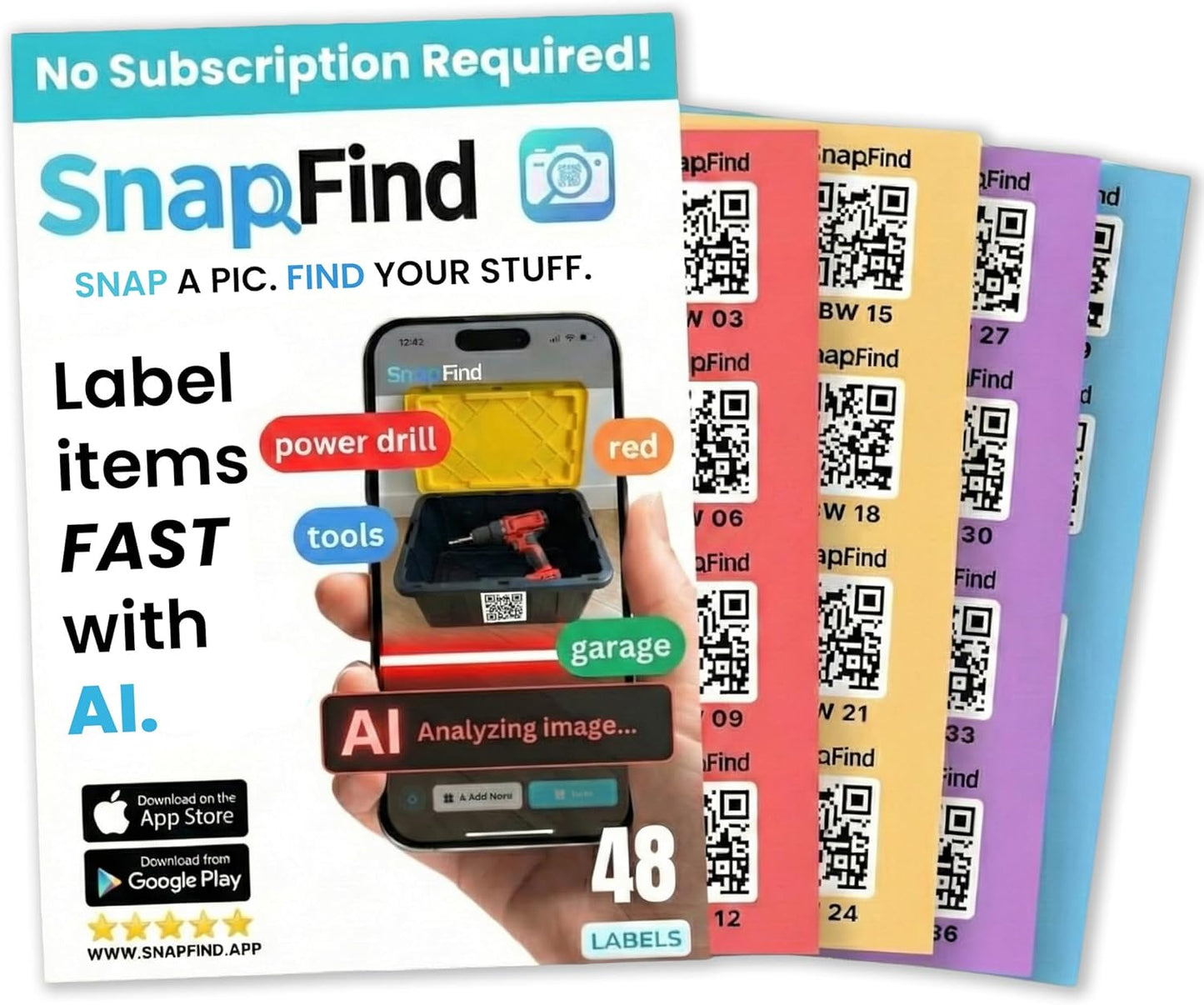 Smart QR Code Labels – AI Auto-Labeling, No Typing! Storage Bins & Moving Containers – iOS and Android App – 48 Color-Coded Stickers (2.5" x 2.5")