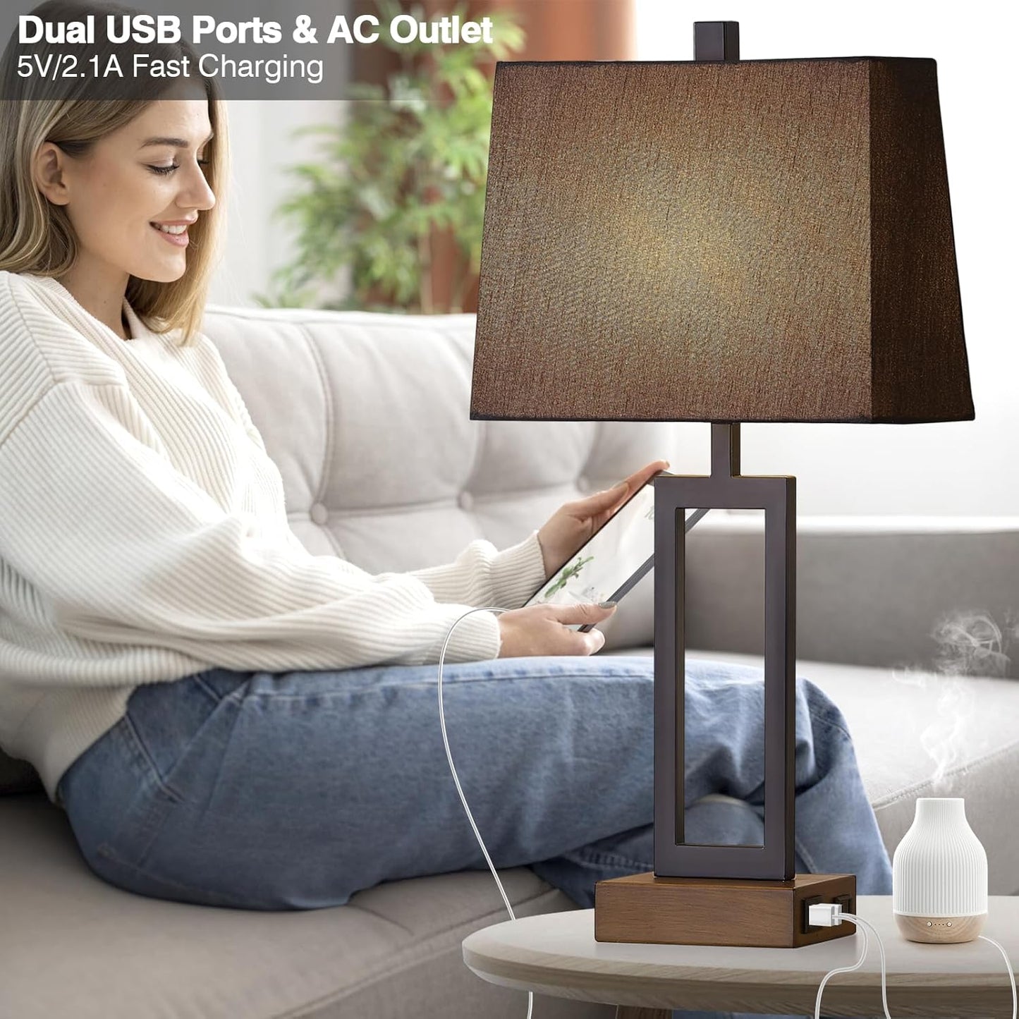 Touch Control Table Lamps Set of 2, Modern Bedside Lamps with 2 USB Charging Ports & AC Outlet, 3-Way Dimmable Wood Nightstand Lamp for Living Room Bedroom End Table Office Black(2 LED Bulbs Included)