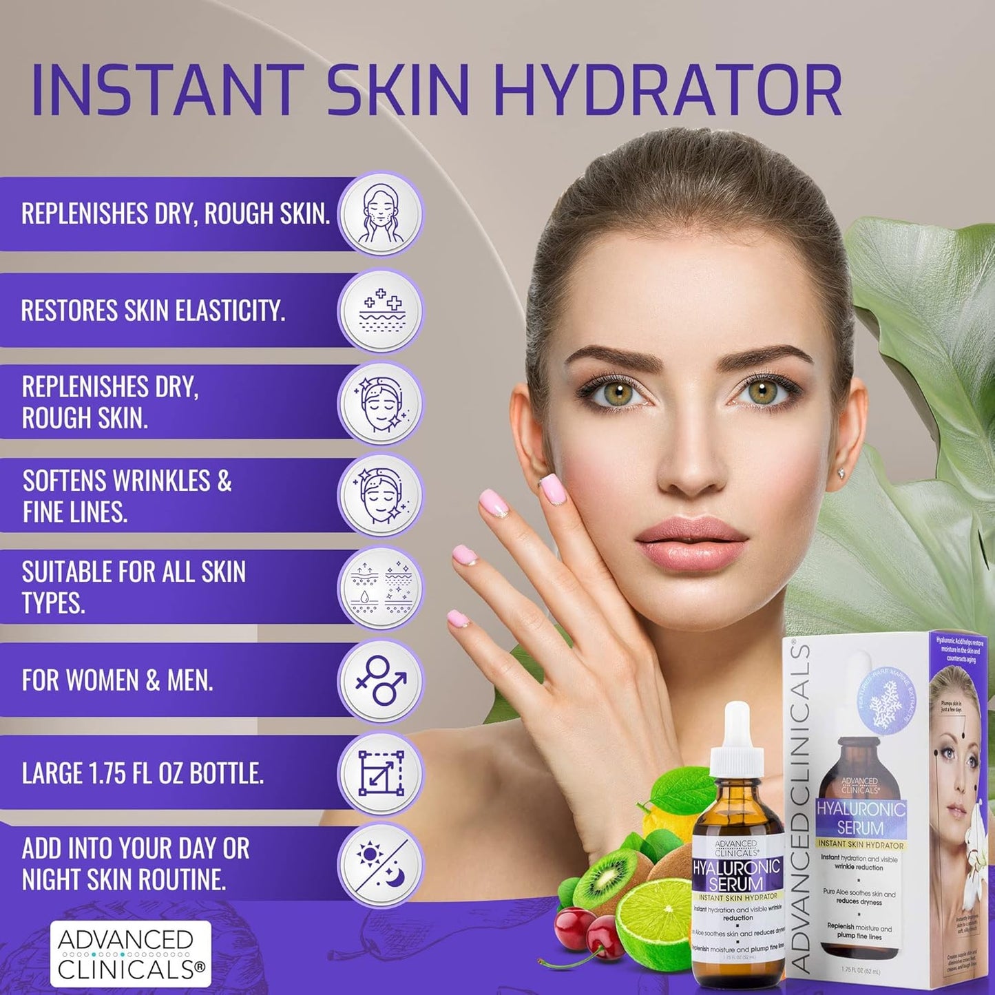 Advanced Clinicals Pure Hyaluronic Acid Serum For Face | Facial Moisturizer | Hydrating Facial Skin Care Product | Anti Aging Serum For Face, Wrinkles, Dark Spots, Fine Lines, & Dry Skin, 1.75 Fl Oz