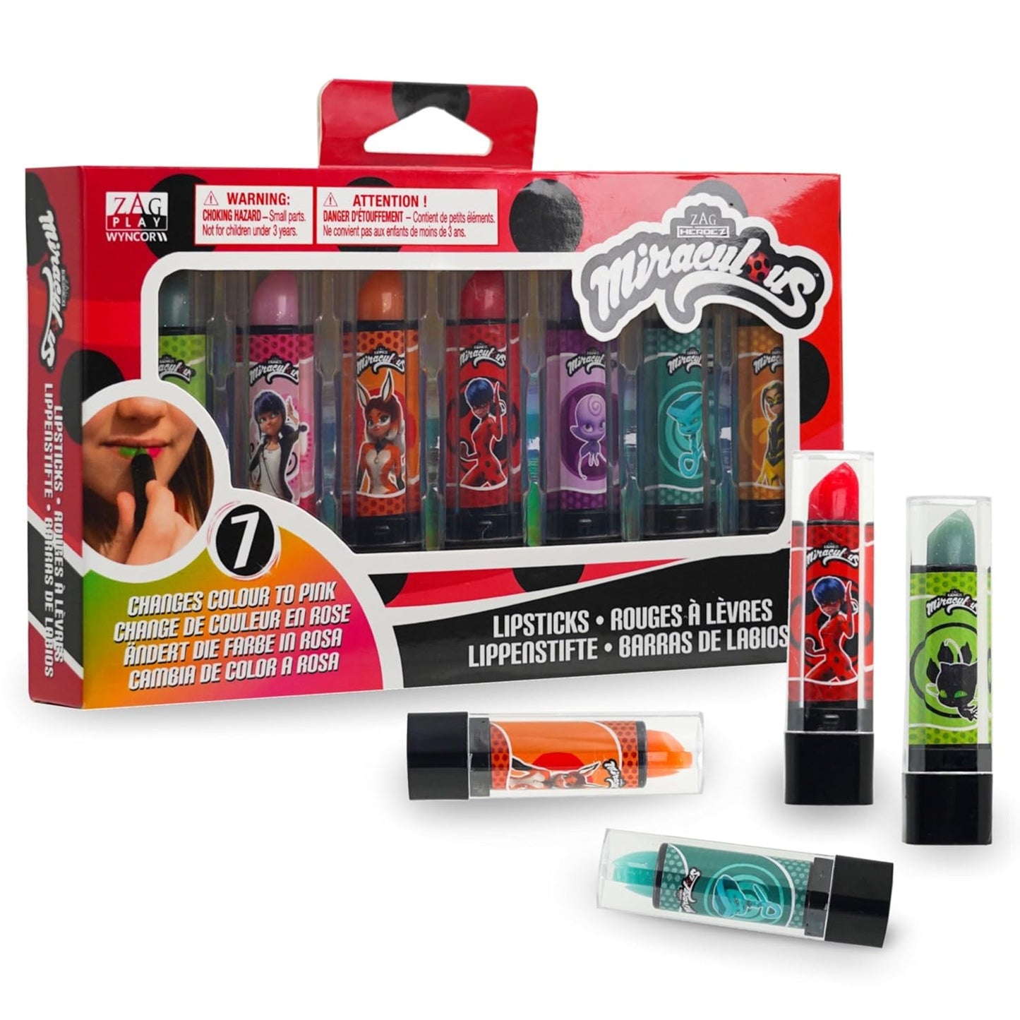 Miraculous Ladybug Cosmetic Lipstick Set - 7 Fruit Scented Color-Changing Lipsticks for Kids - Transforming Lipsticks Turn Pink - Magic Lipsticks Gift Set - Safe & Fun Makeup Kit