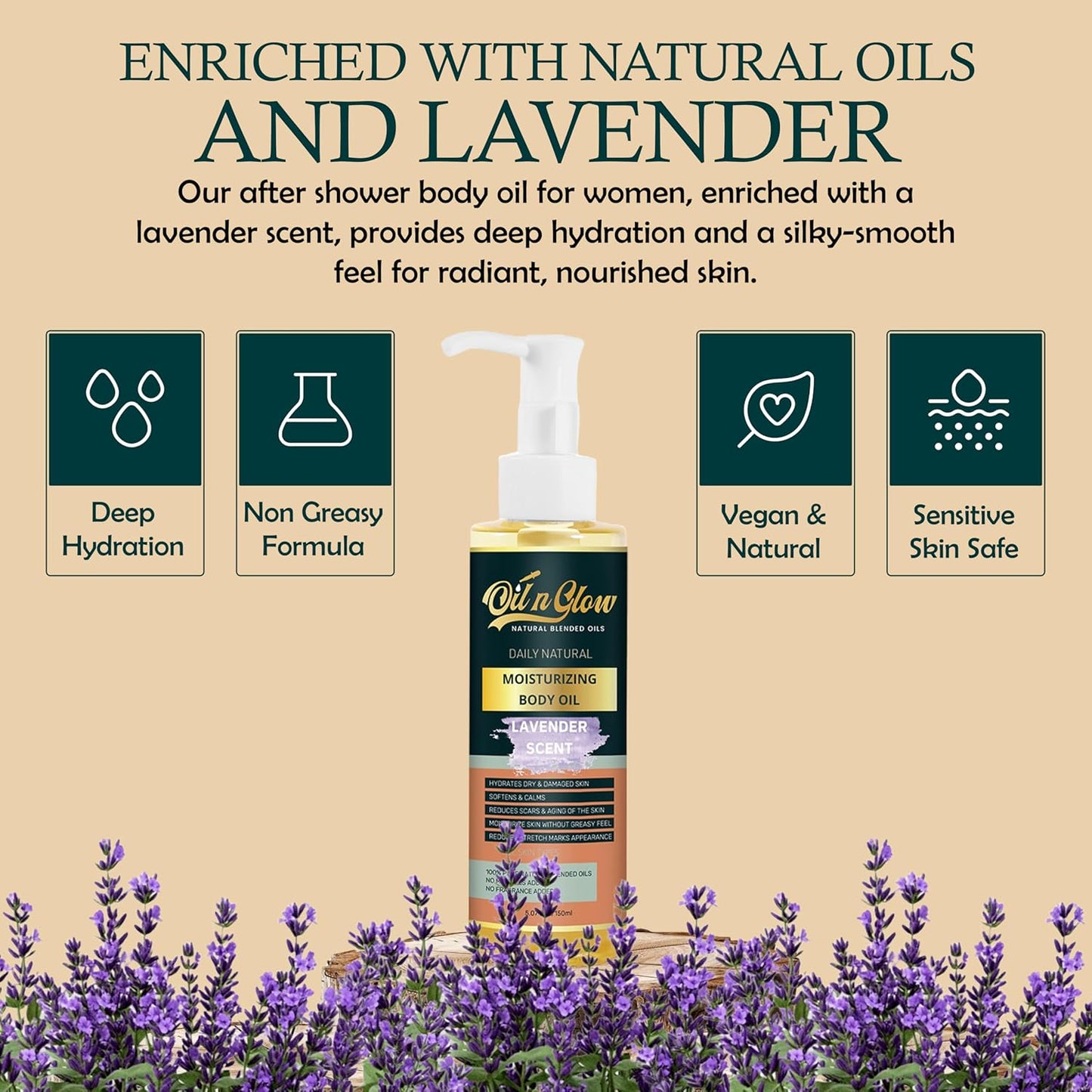 USDA Certified Organic Pure Natural Hydrating Body Oil After Shower With Coconut, Jojoba, Olive & Almond Non-Greasy Moisturizing Oil For Women & Men Dry Skin 5.07 fl oz/150ml- Lavender Scent