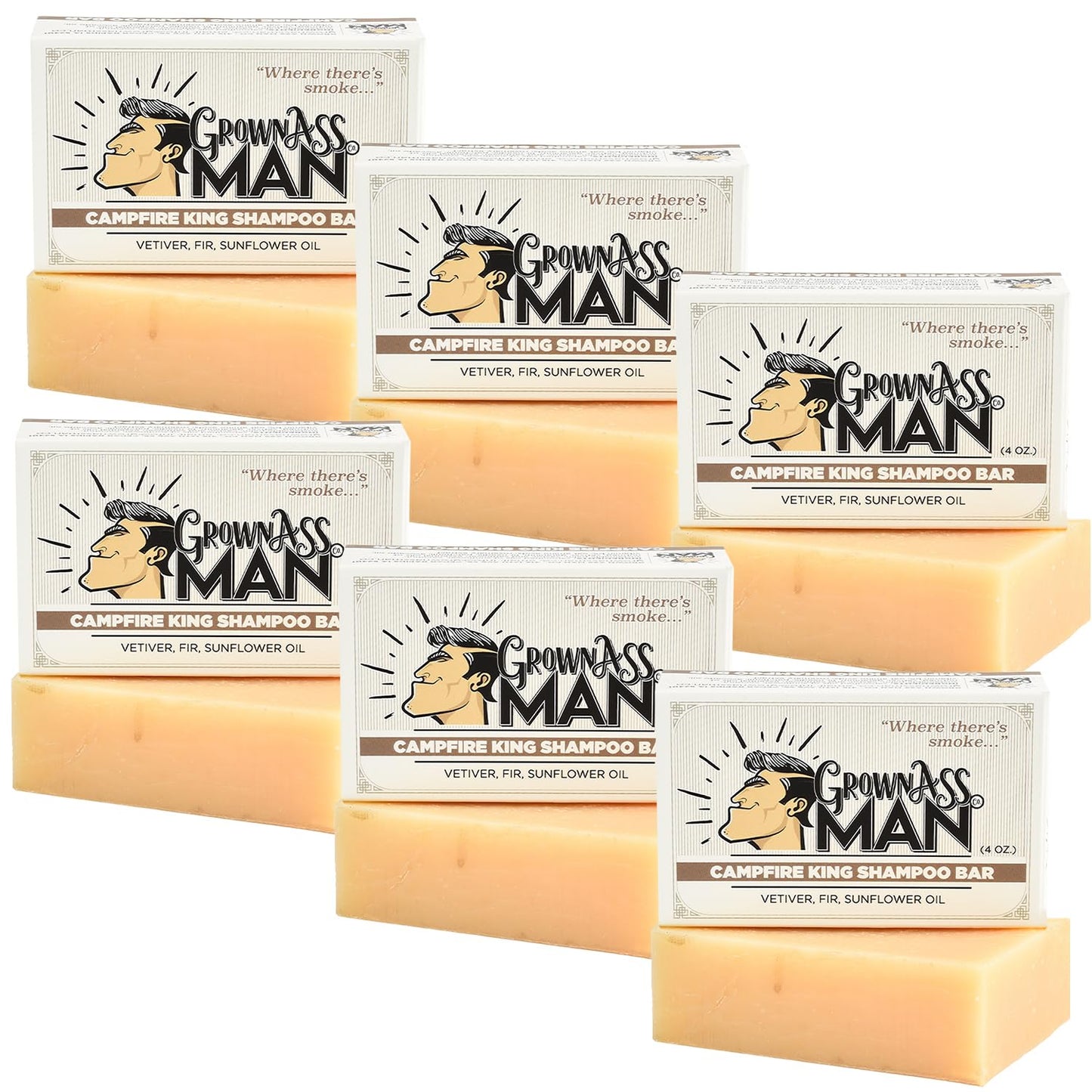 Solid Shampoo Bar Rich Lather 3 in 1: Hair, Beard & Body Wash - Plastic Free & Eco-Friendly, Natural & Organic Clean for All Hair Types, 4oz Bar (Campfire King, 6-Pack)