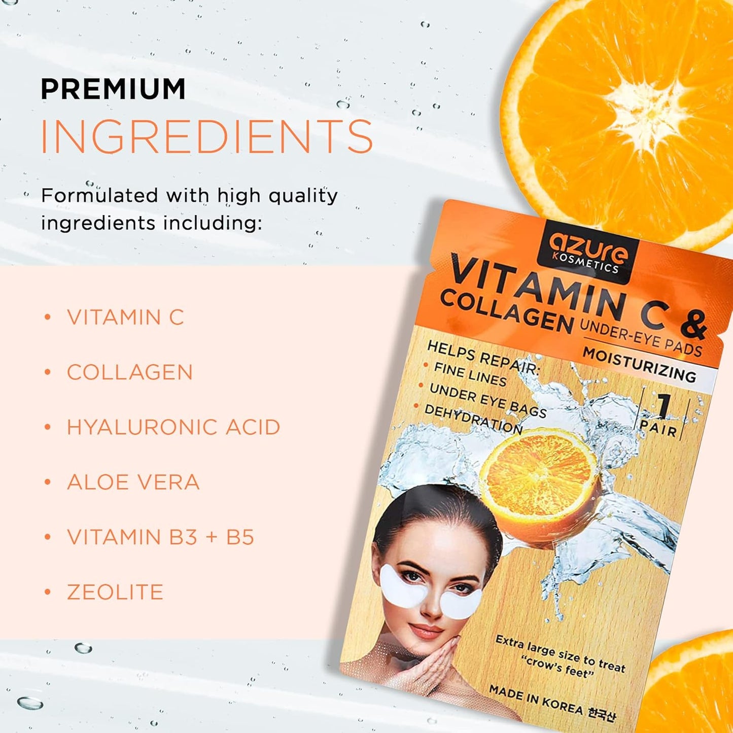 Azure Cosmetics Anti-Aging Under Eye Mask - 5 Pairs, Reduces Fine Lines, Wrinkles, Dark Circles & Puffiness, Skin Care Made in Korea, 100% Vegan, Cruelty-Free
