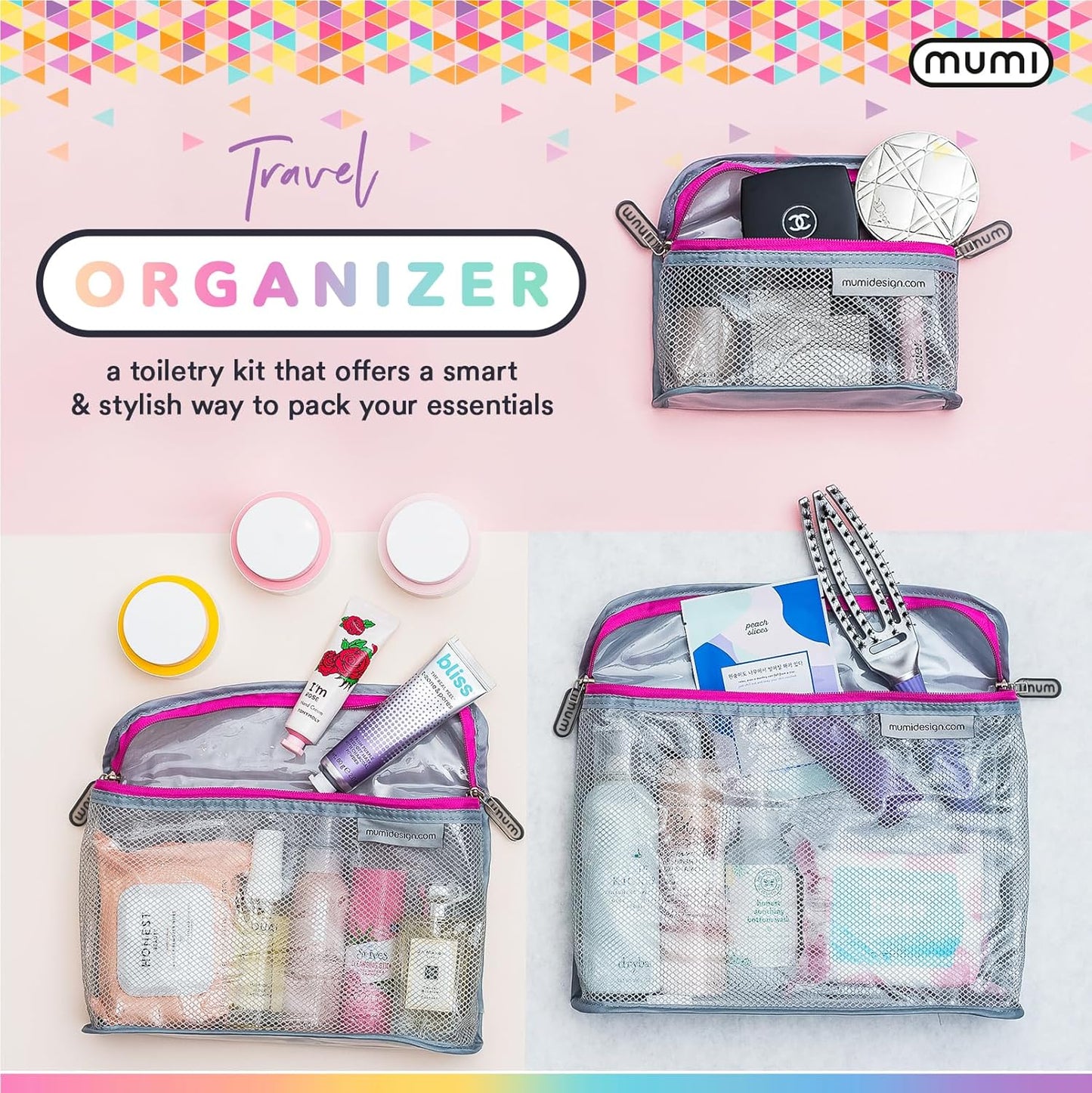 MUMI Travel Toiletry Bag Set of 3 – Clear TSA Approved Toiletry Bags for Women – Reusable Water-Resistant Makeup Organizer Pouches for Skincare, Cosmetics, Travel Accessories, Airport Packing - Black