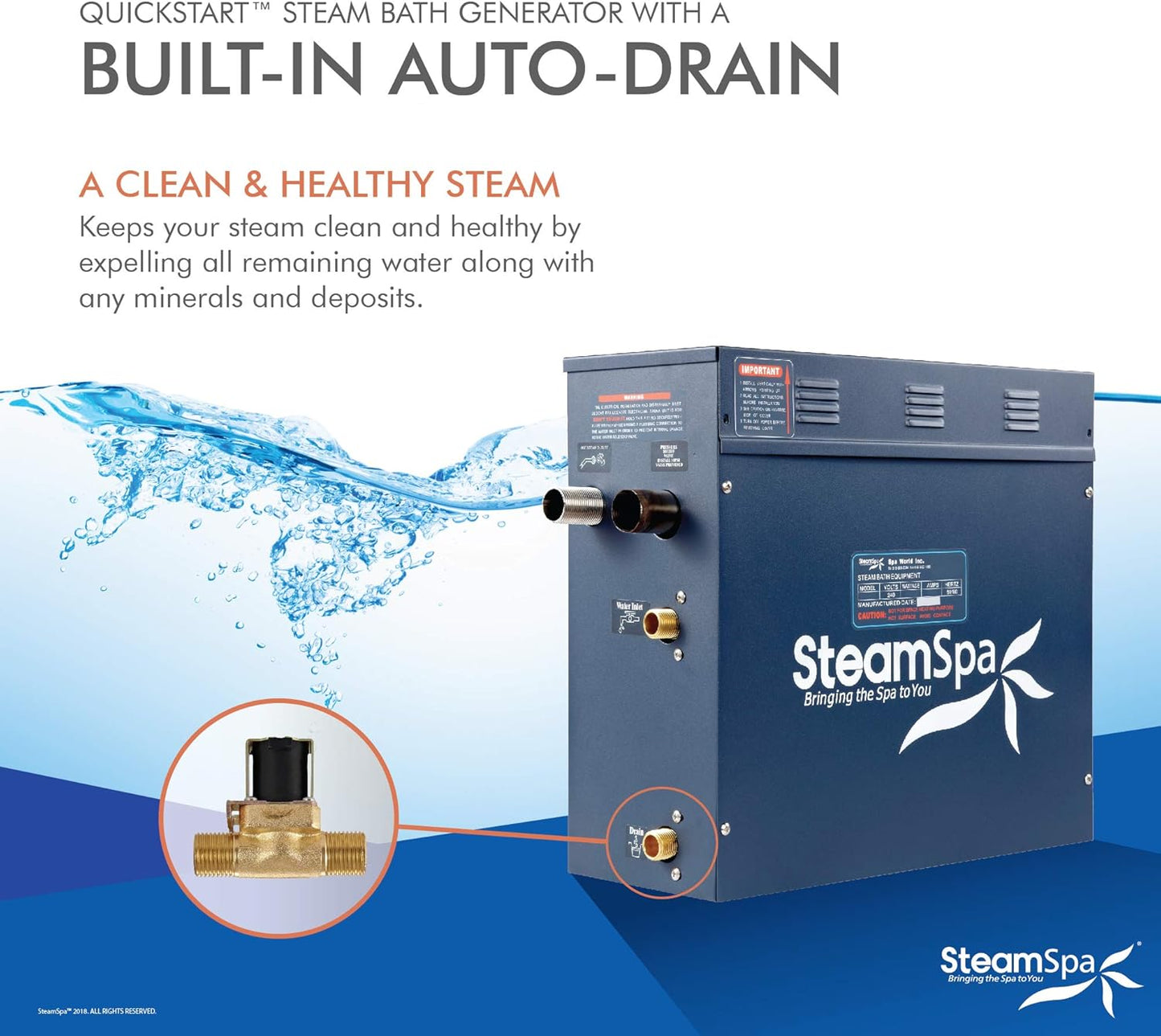 SteamSpa 4.5kW Steam Sauna Generator Executive Bundle 240V Steam Generator with Touch Pad, Steamheads, Pressure Relief Valve, Built-in Auto Drain, LED Light, Filter and Quick Install Kit EXT450BN-A