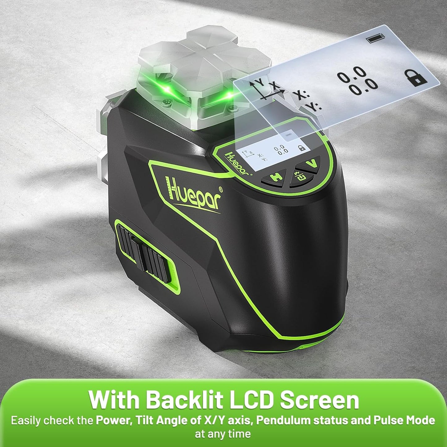 Huepar Laser Level, Self Leveling 12 Lines Cross Line Laser with LCD Screen 3 x 360° Bluetooth Connected Green Beam Laser Tool, 3D Horizontal & Vertical Laser Line -Remote Control&Rechargeable Battery