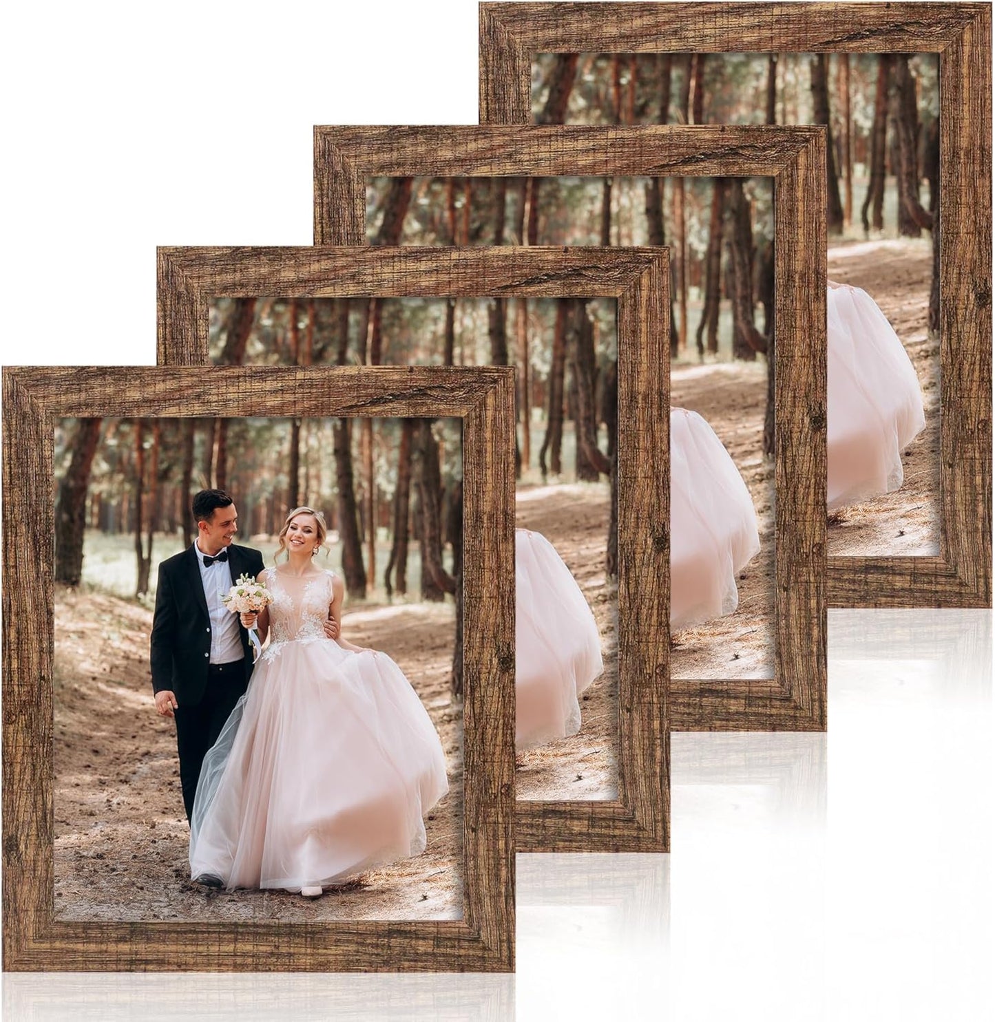 iRahmen 8x10 Picture Frame Set of 4, High Definition Glass Brown Frame, 8 x 10 Wood Rustic Picture Frames for Horizontal or Vertical Table Top and Wall Mounting