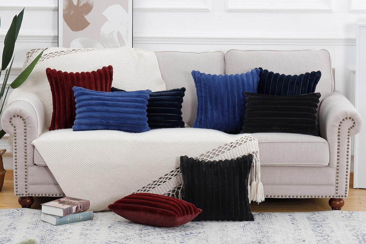 MADIZZ Set of 2 Faux Wool Plush Decorative Throw Pillow Covers 24x24 Inch Black Fluffy Striped Soft Decorative Cushion Cover for Sofa Bedroom Pillow Shell