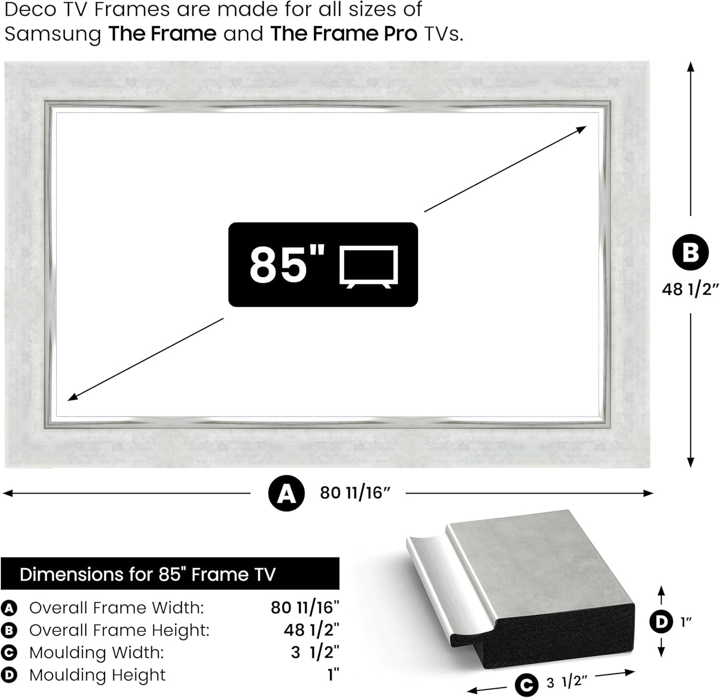 Contemporary Silver 85" Premiere Deco TV Frame - Compatible ONLY with Samsung The Frame TV and Pro TVs (Fits 2021-2025, LS03A, LS03B,LS03C,LS03D,LS03FA,LS03FW)