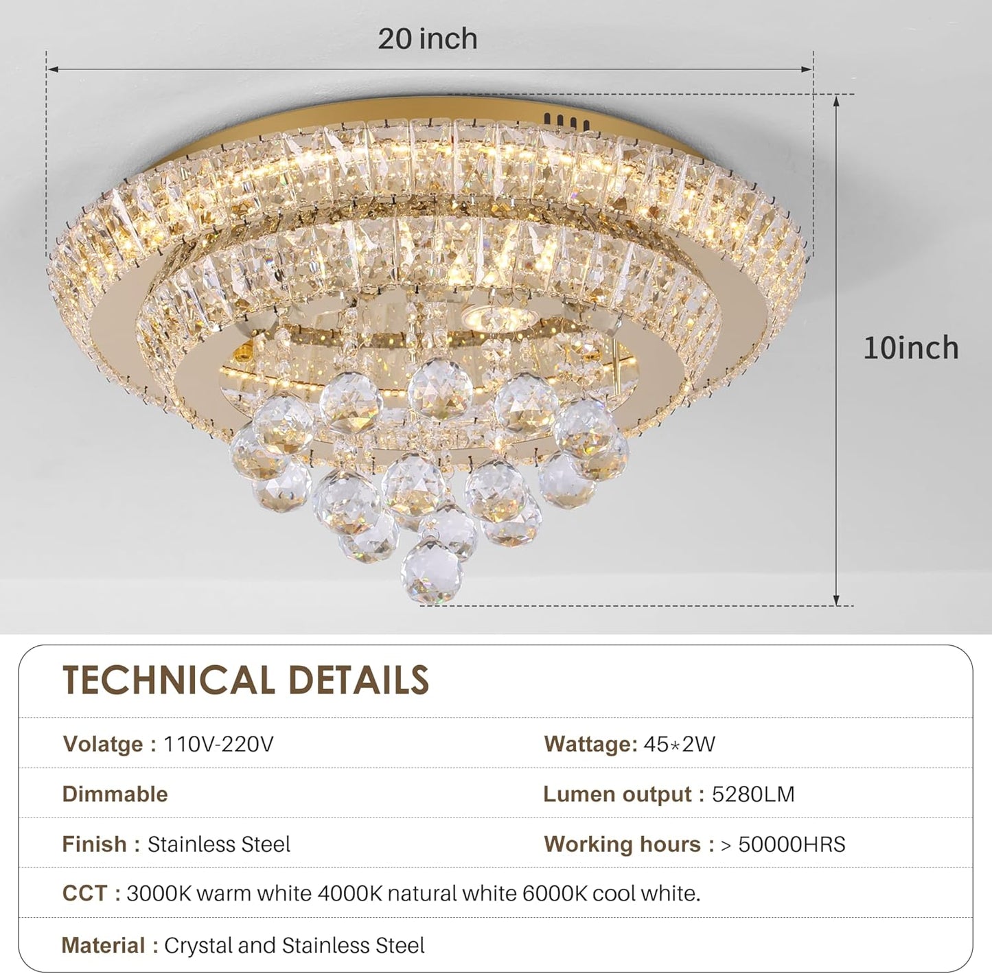 Large LED Crystal Raindrop Ceiling Light,Rose Gold, 20" Elegant Semi Flush Mount Chandelier Light Fixture with Remote Control for Living Room Kitchen Bedroom Hallway Entryway Foyer(Dimmable)