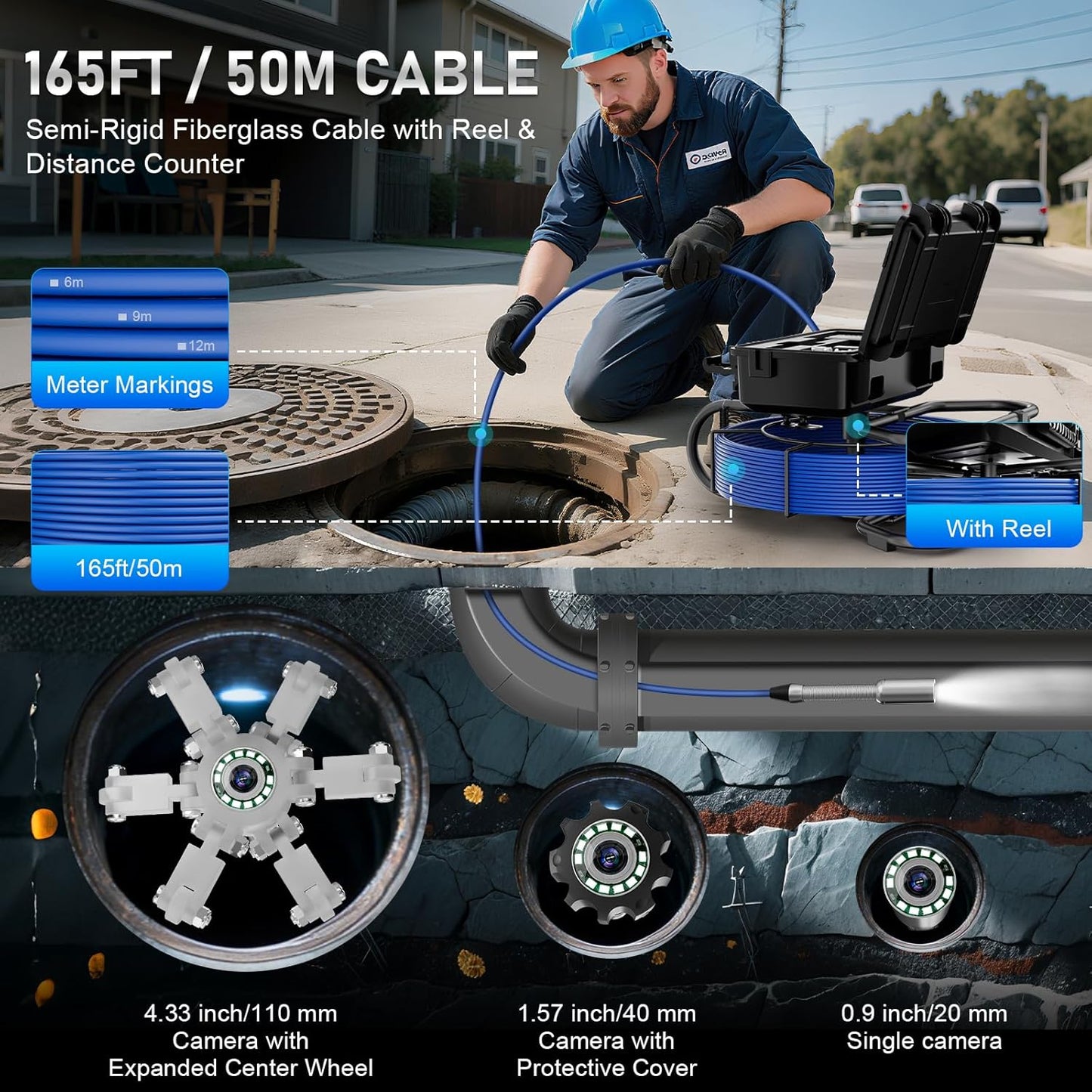 Sewer Camera, Self Leveling Drain Camera 165ft with Meter Counter, 9" HD Plumbing Cameras Snake with 12 LED Lights, 5100mAh Battery, IP68 & 32GB DVR Recorder, Duct Sewer Line Pipe Inspection