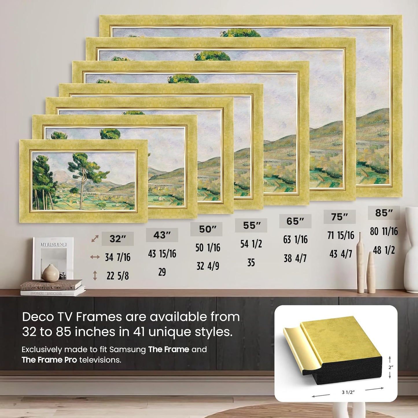 Contemporary Gold 65" Premiere Deco TV Frame - Compatible ONLY with Samsung The Frame TV and Pro TVs (Fits 2021-2025, LS03A, LS03B,LS03C,LS03D,LS03FA,LS03FW)