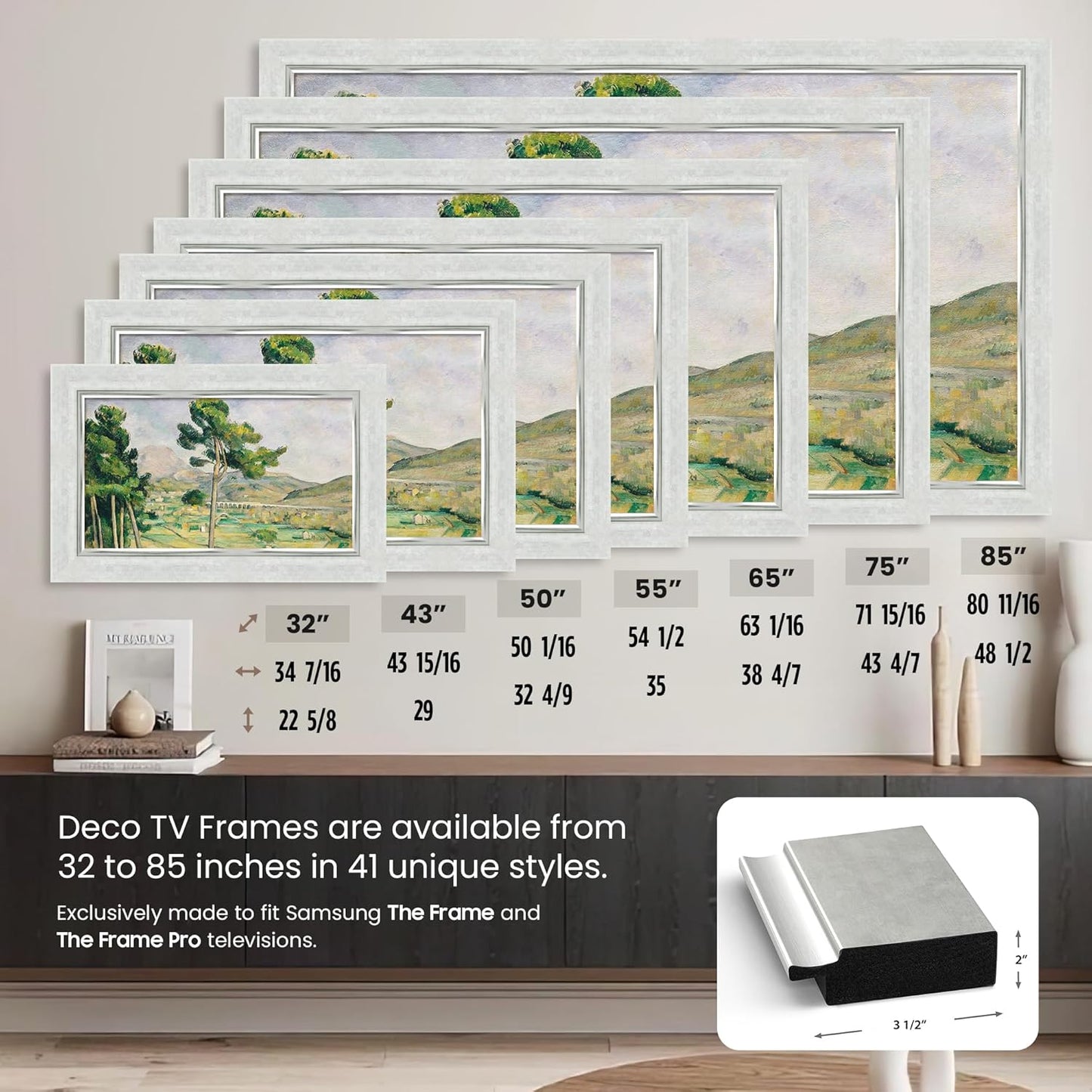 Contemporary Silver 65" Premiere Deco TV Frame - Compatible ONLY with Samsung The Frame TV and Pro TVs (Fits 2021-2025, LS03A, LS03B,LS03C,LS03D,LS03FA,LS03FW)