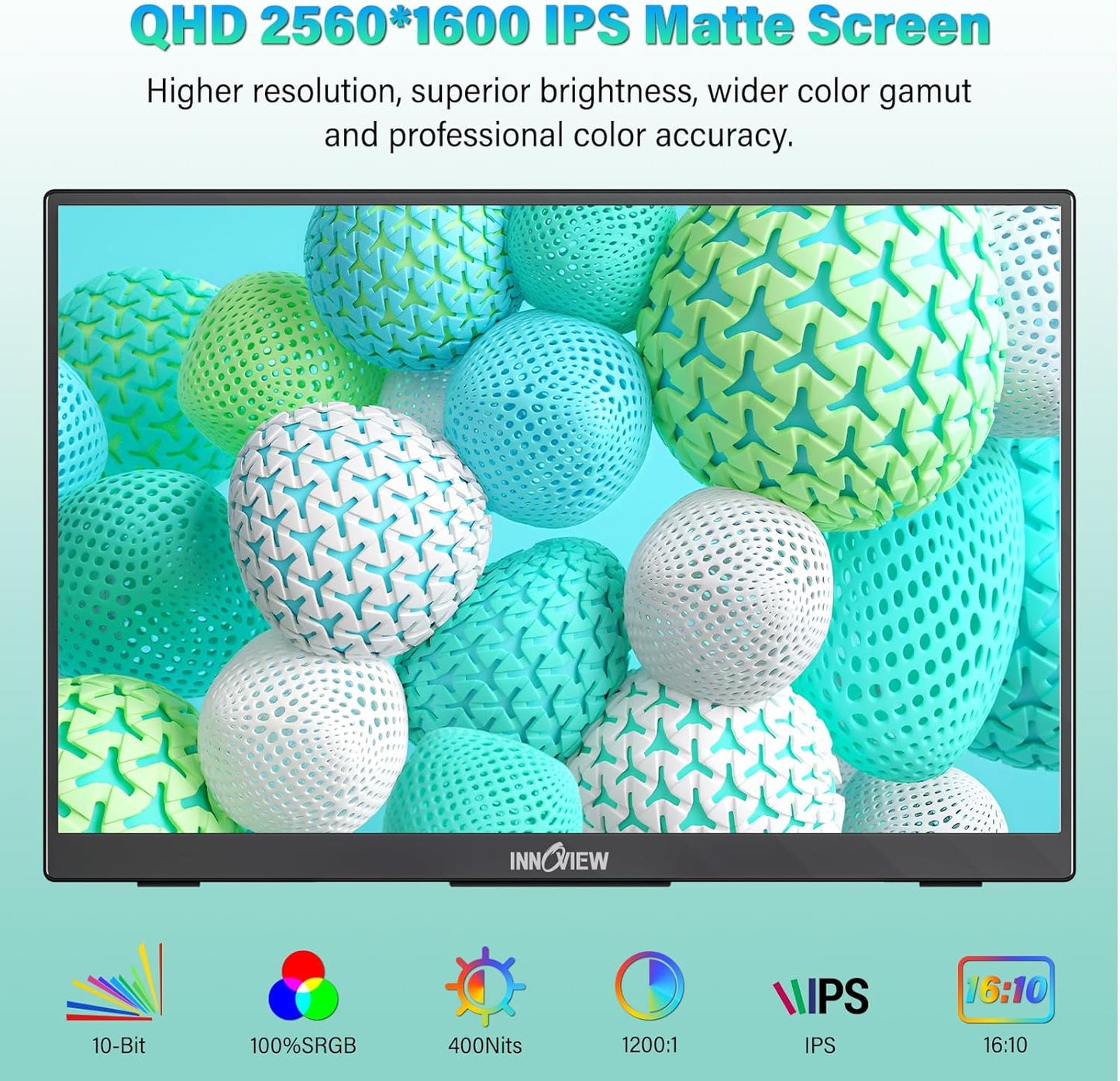 InnoView 16" 2.5K 120Hz Portable Monitor Built-in Speakers and Kickstand & VESA 100% sRGB QHD 400 Nits | 2 Type-C & HDMI | Eye Care | Travel Monitor for Laptop/Switch/PS5/Xbox (Adapter Excluded)