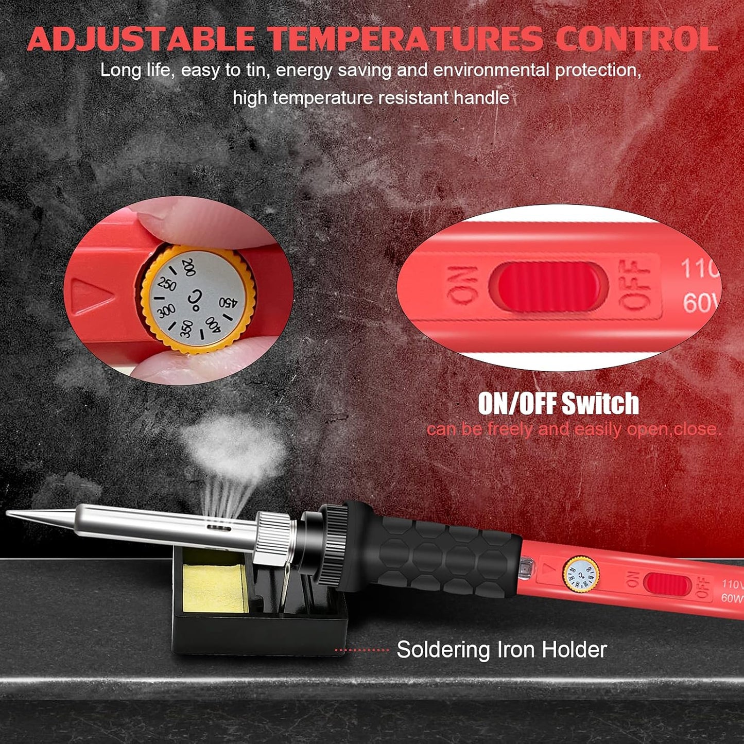 Soldering Kit, 60W Soldering Iron, 110V Welding Kit with Ceramic Heater, Portable Solder Irons with 5pcs Extra Tips, Stand, Solder Tube, Sponge, for Electronic Repair