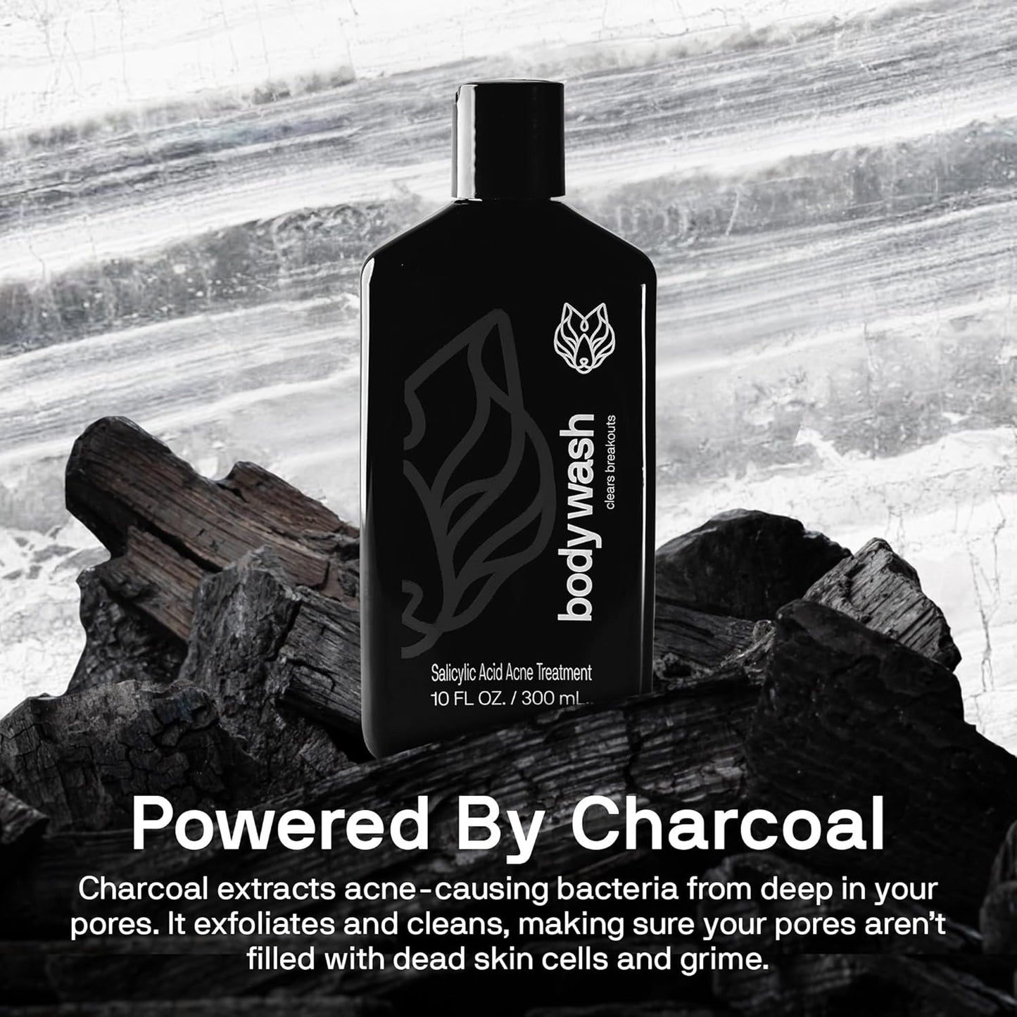Black Wolf Salicylic Acid Body Wash for Men - 10 Fl Oz Men's Acne Body Wash - Charcoal Helps Reduce Acne Breakouts & Cleanse Your Skin - Full Coverage & Deep Clean Treatment - Men's Bodywash